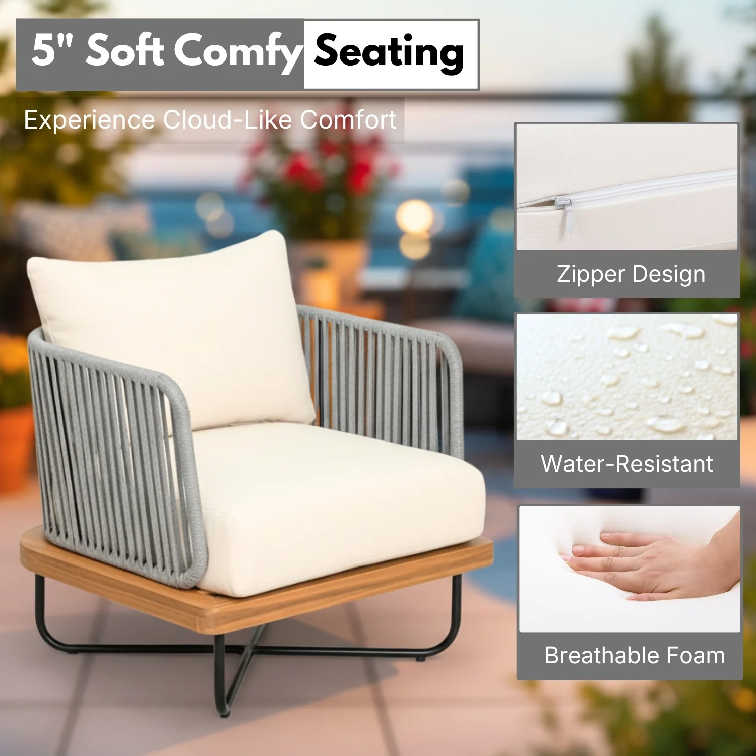 Outdoor Rope Sofa with Wooden Base (Grey & Cream) - Image 4