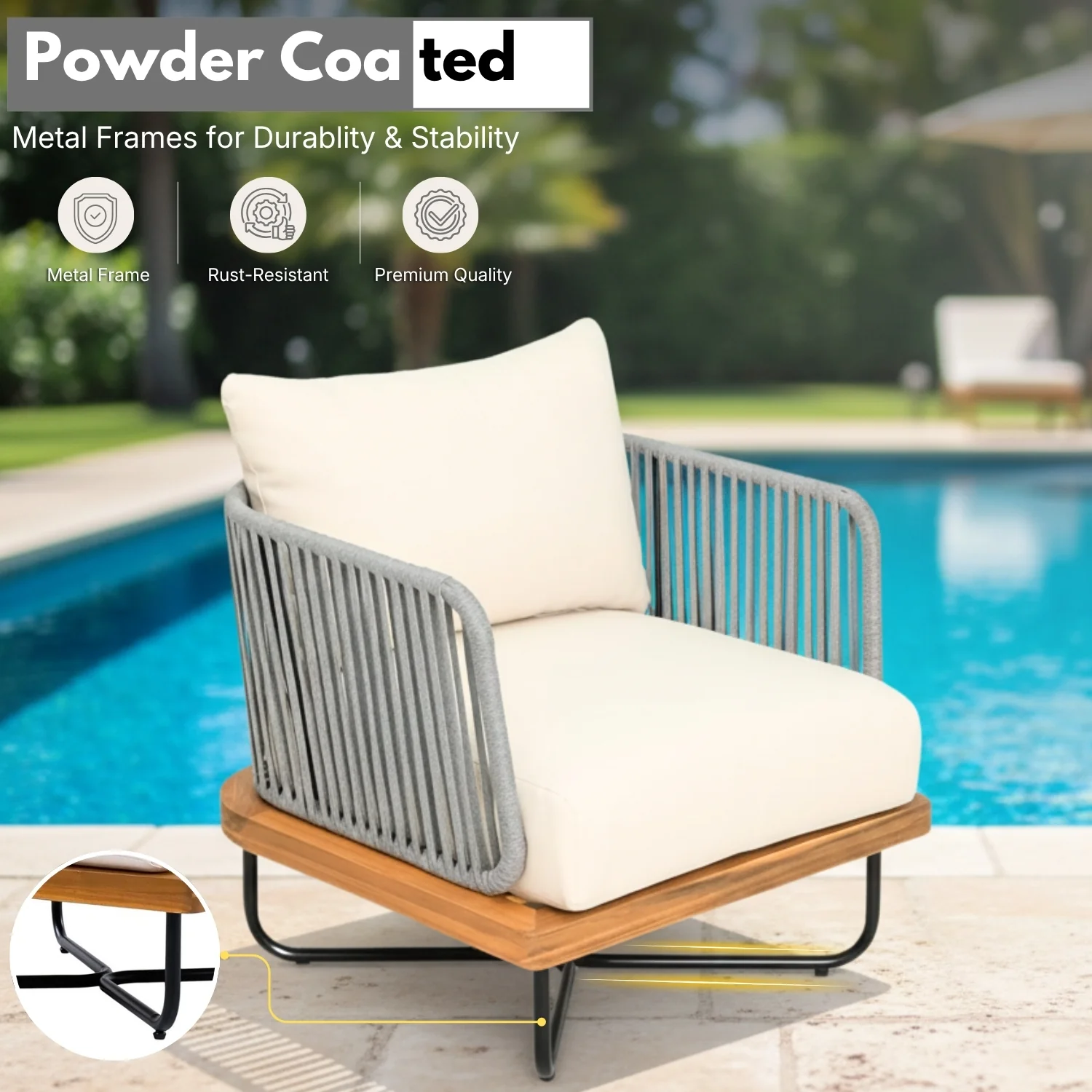 Outdoor Rope Sofa with Wooden Base (Grey & Cream) - Image 6