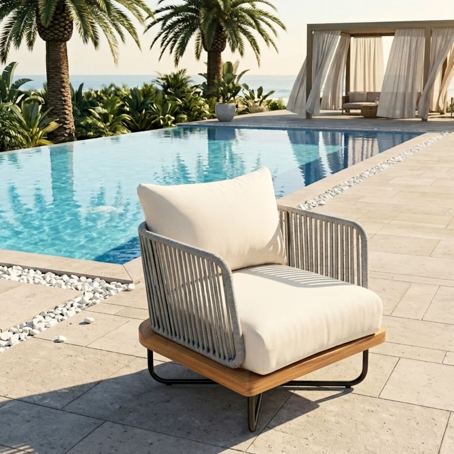 Outdoor Rope Sofa with Wooden Base (Grey & Cream) - Image 9