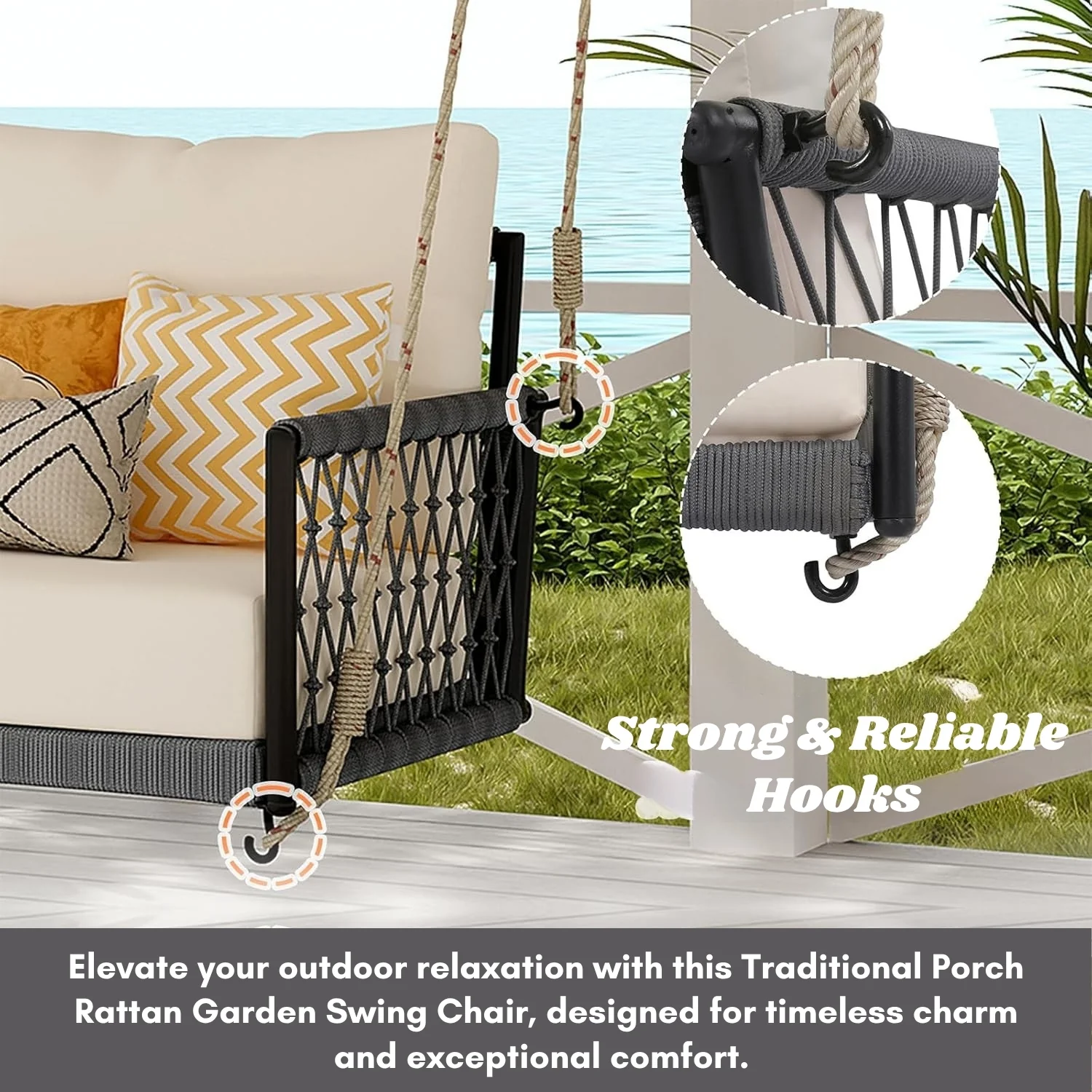 Outdoor Rope Swing 2-Person Hanging Chair, Weatherproof Porch Swing - Image 6