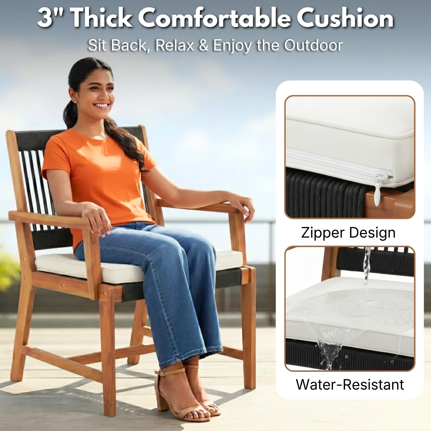 Outdoor Rope & Sheesham Wood 4-Piece Sofa Set (Black & White) - Image 4
