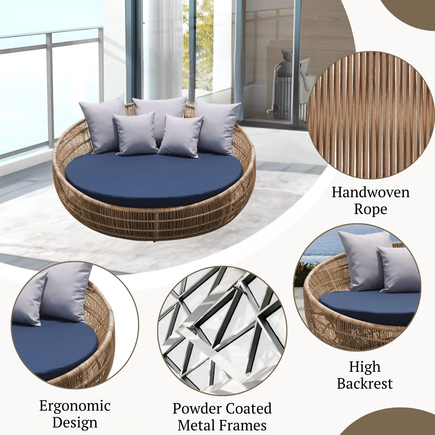 Outdoor Round Beige Rope Daybed Sofa - Image 6