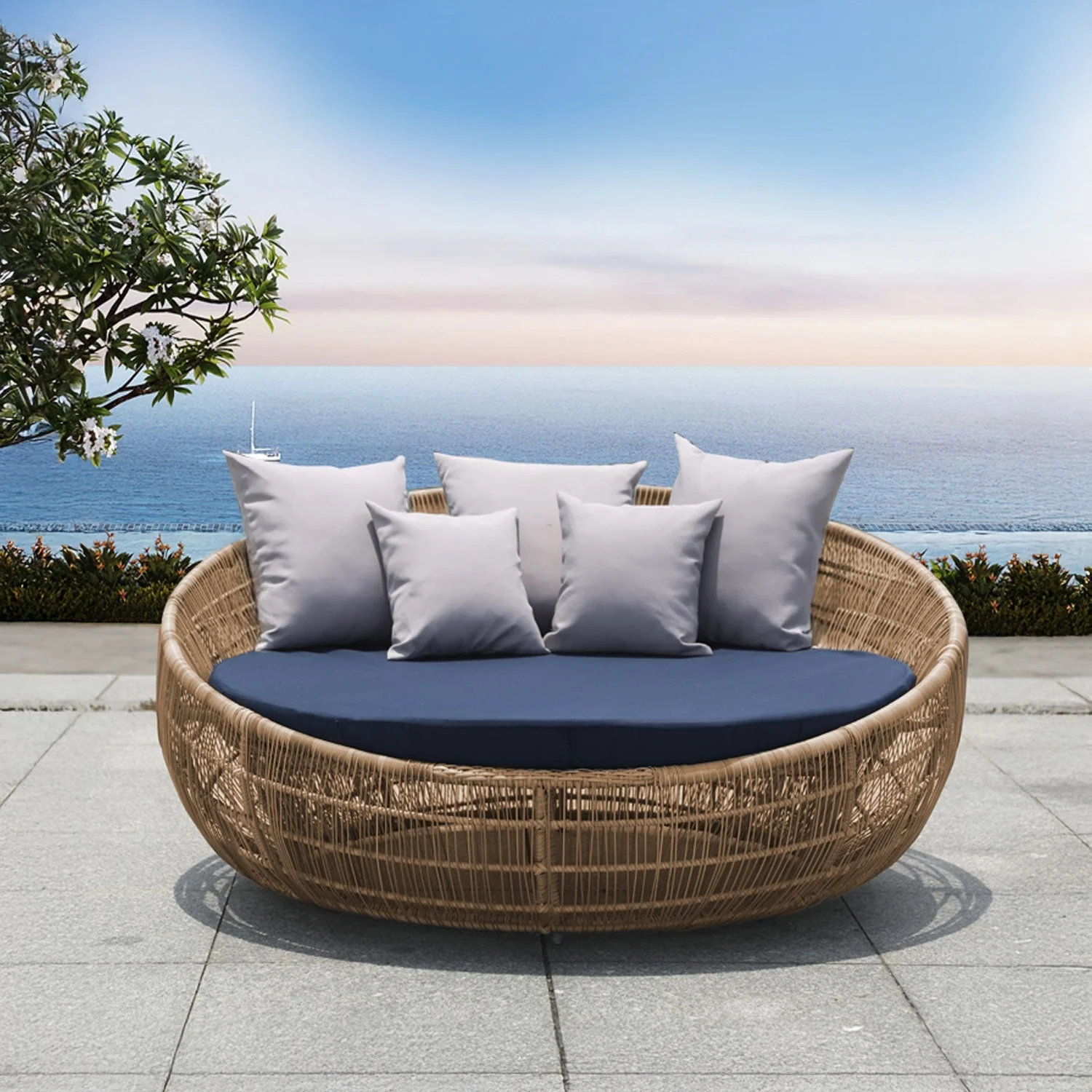 Outdoor Round Beige Rope Daybed Sofa - Image 9