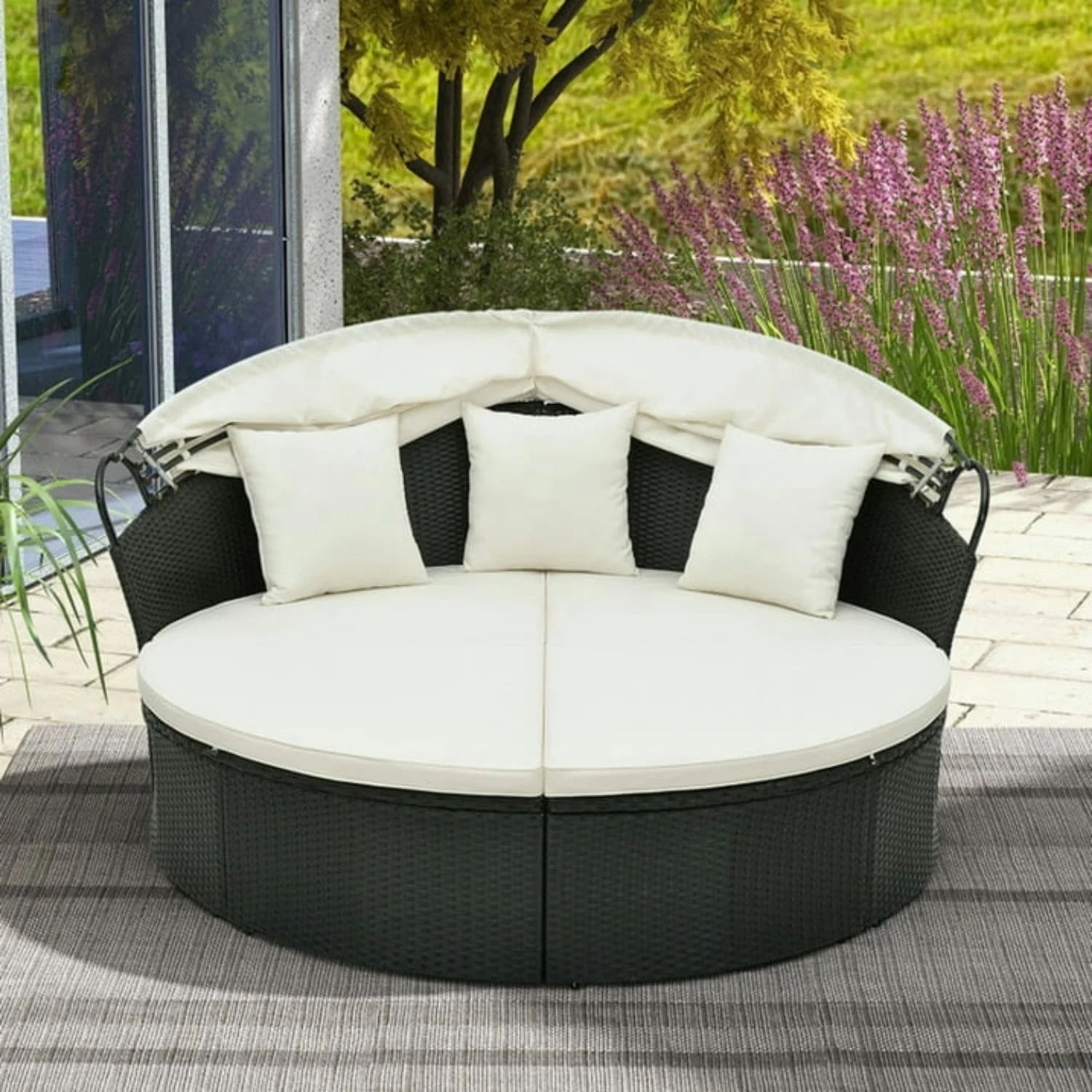 Outdoor Round Canopy Daybed Wicker Patio Furniture Set with Cushions - Image 4
