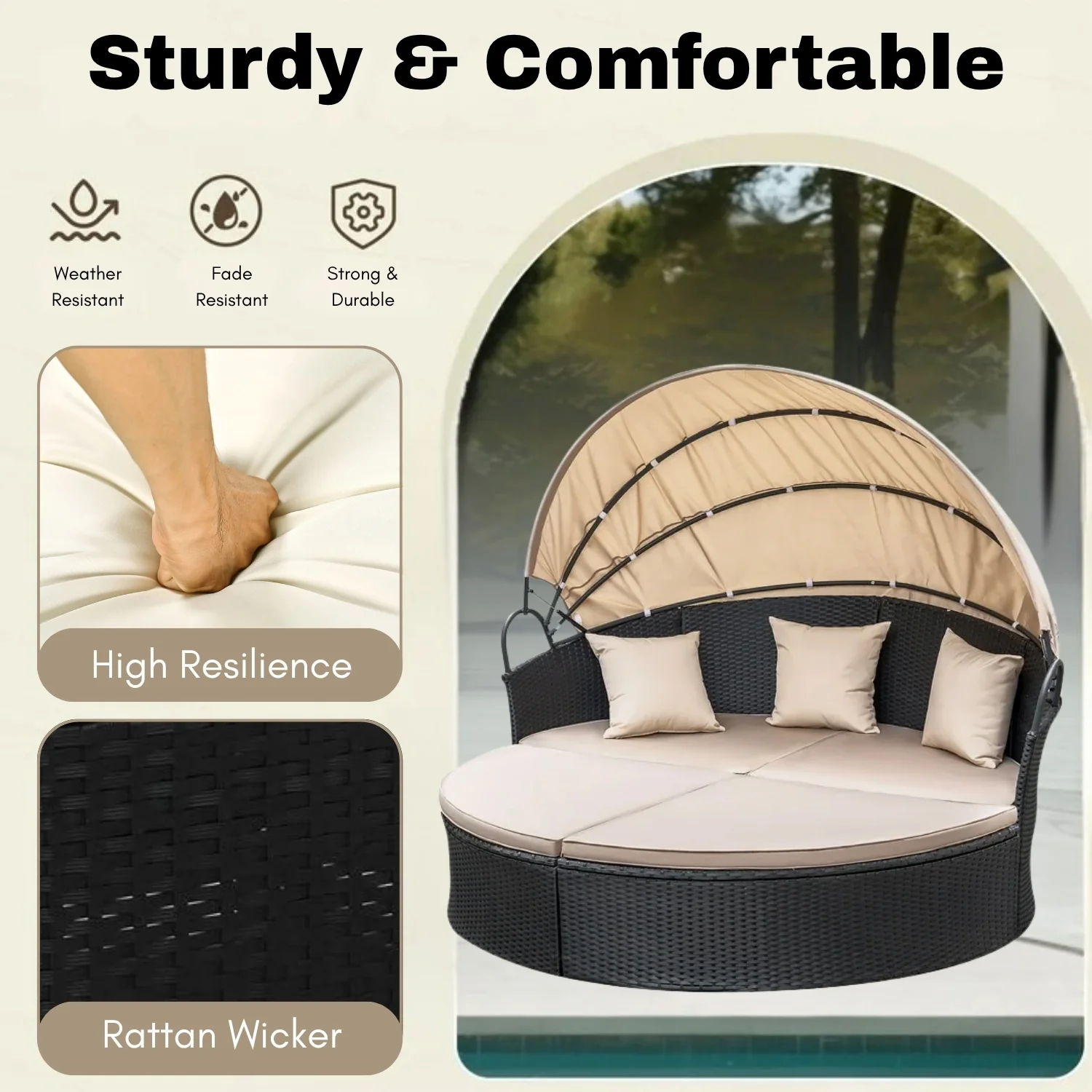 Outdoor Round Canopy Daybed Wicker Patio Furniture Set with Cushions - Image 4