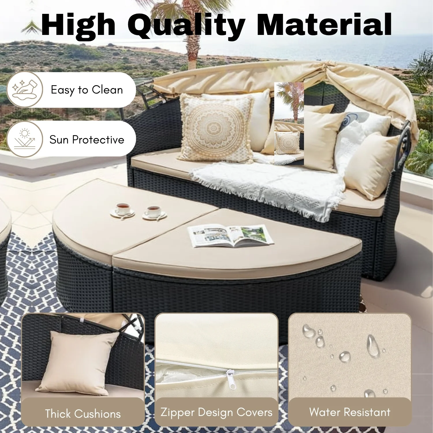Outdoor Round Canopy Daybed Wicker Patio Furniture Set with Cushions - Image 5