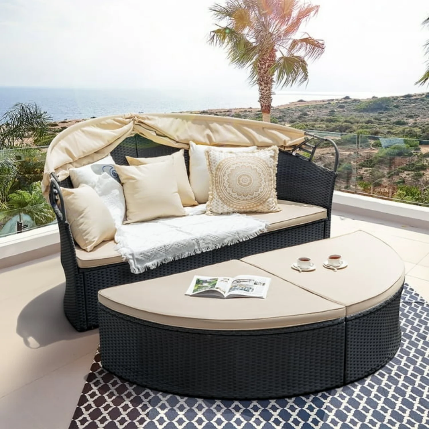 Outdoor Round Canopy Daybed Wicker Patio Furniture Set with Cushions - Image 7
