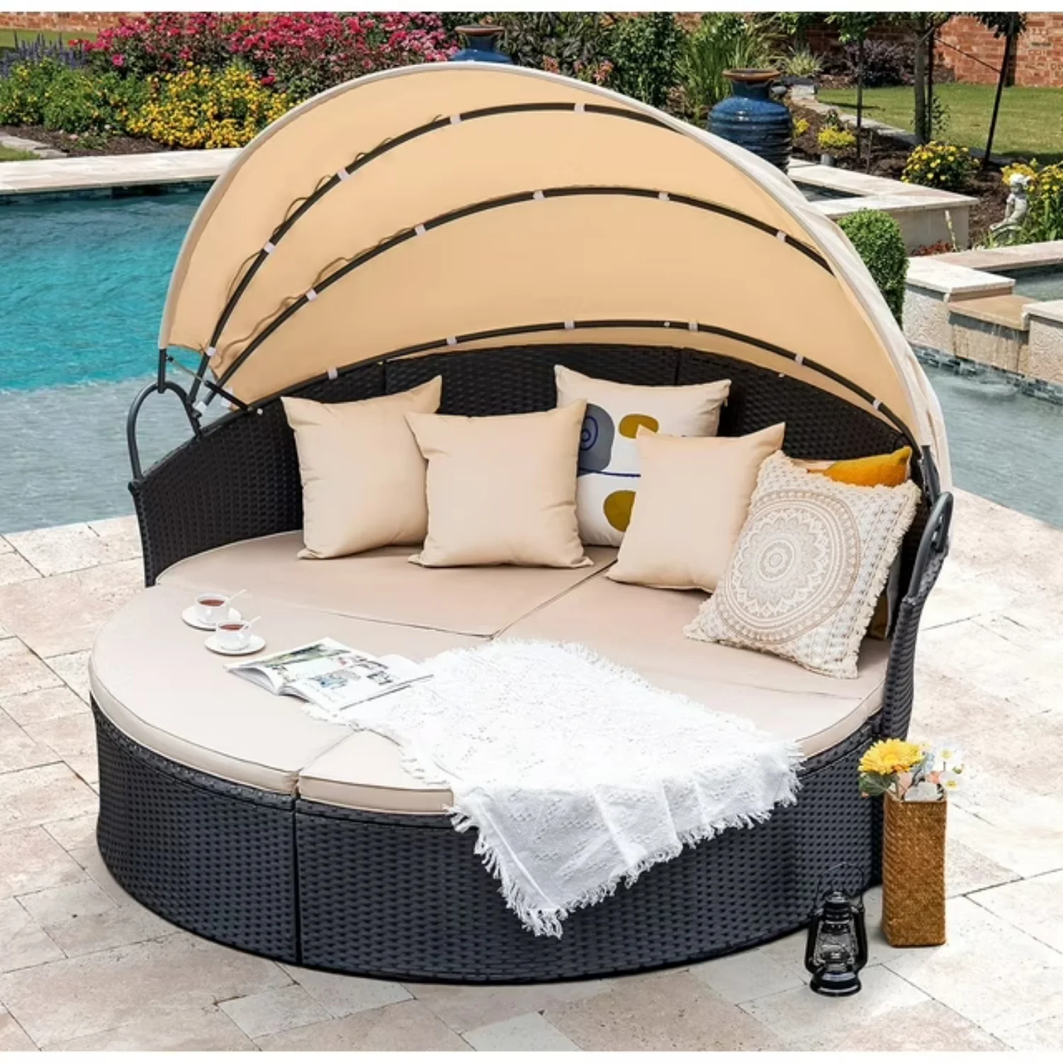 Outdoor Round Canopy Daybed Wicker Patio Furniture Set with Cushions - Image 9