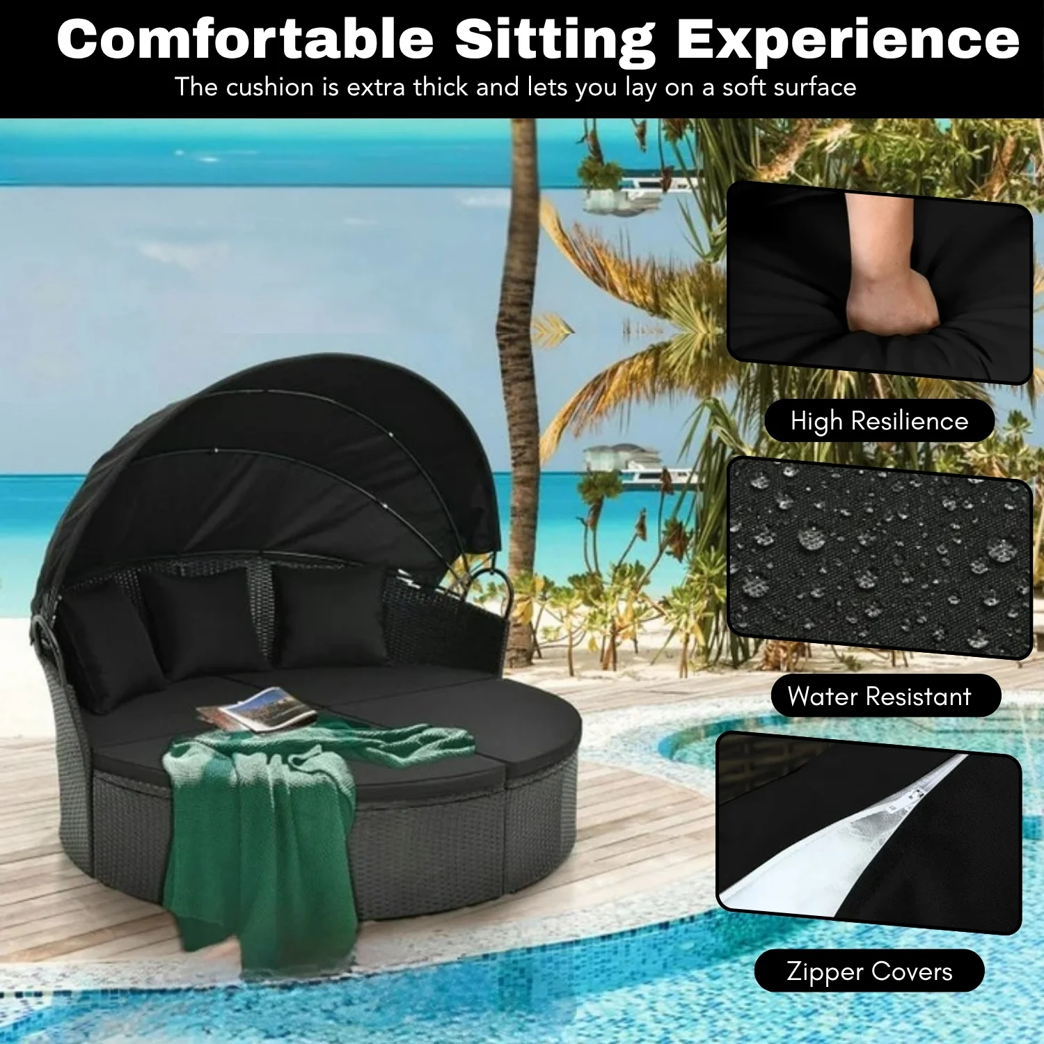 Outdoor Round Canopy Daybed Wicker Patio Furniture Set with Cushions - Image 6