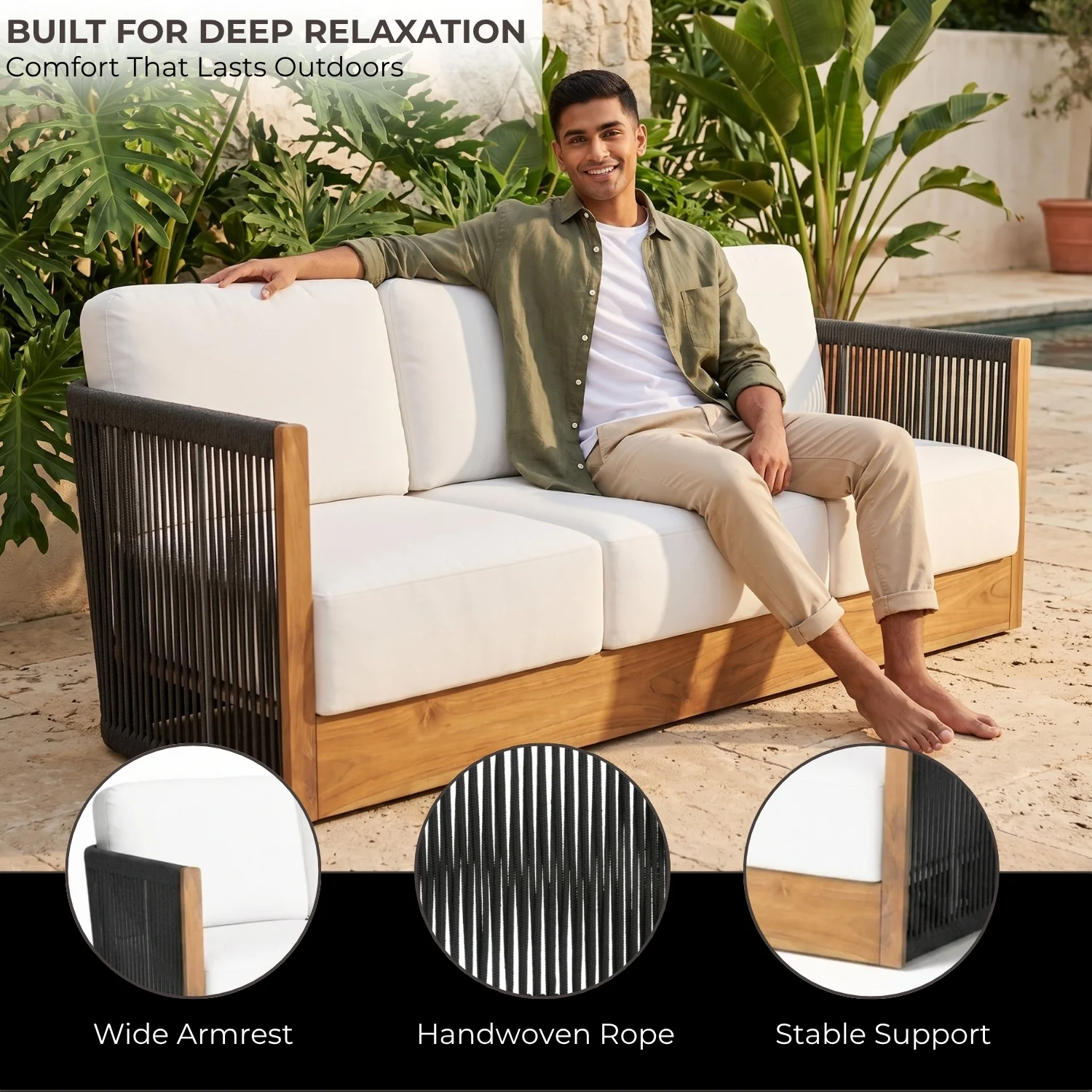 Outdoor Sheesham Wood Rope 3 Seater Sofa Set with 2-Tier Center Table - Image 3