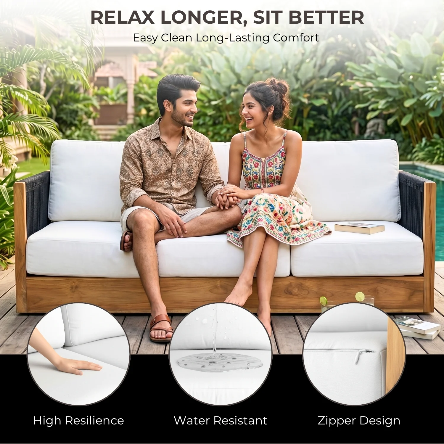 Outdoor Sheesham Wood Rope 3 Seater Sofa Set with 2-Tier Center Table - Image 4