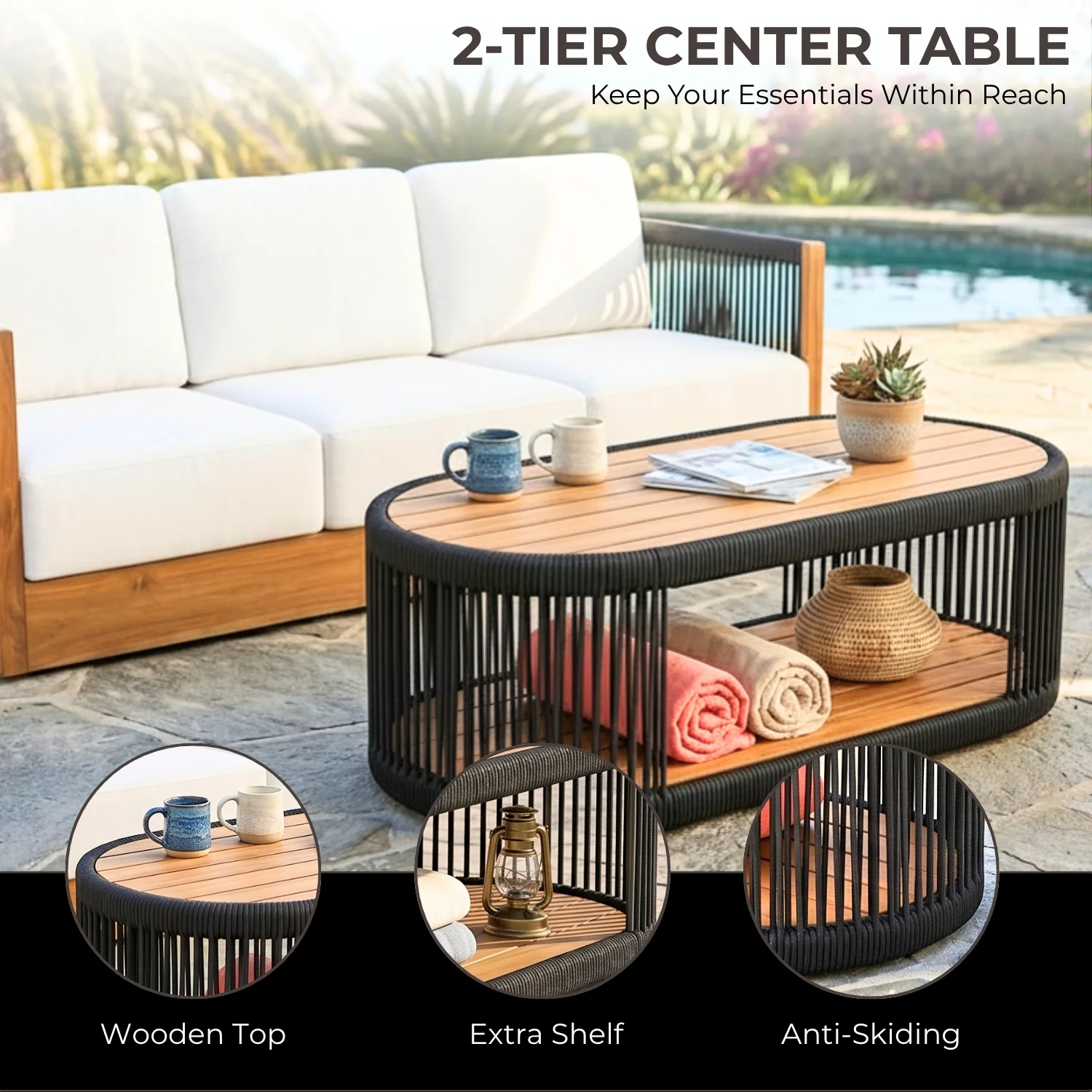 Outdoor Sheesham Wood Rope 3 Seater Sofa Set with 2-Tier Center Table - Image 5