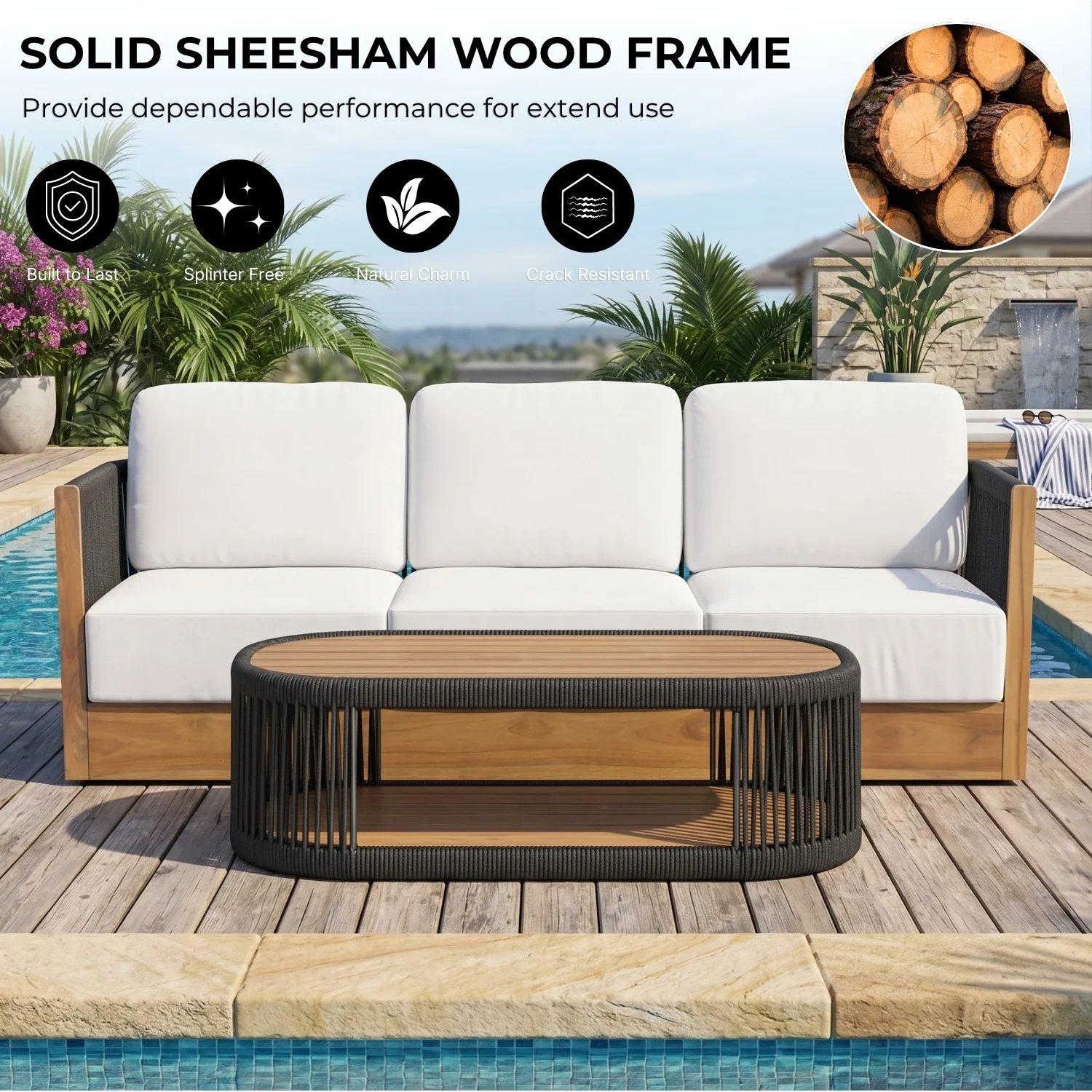 Outdoor Sheesham Wood Rope 3 Seater Sofa Set with 2-Tier Center Table - Image 6