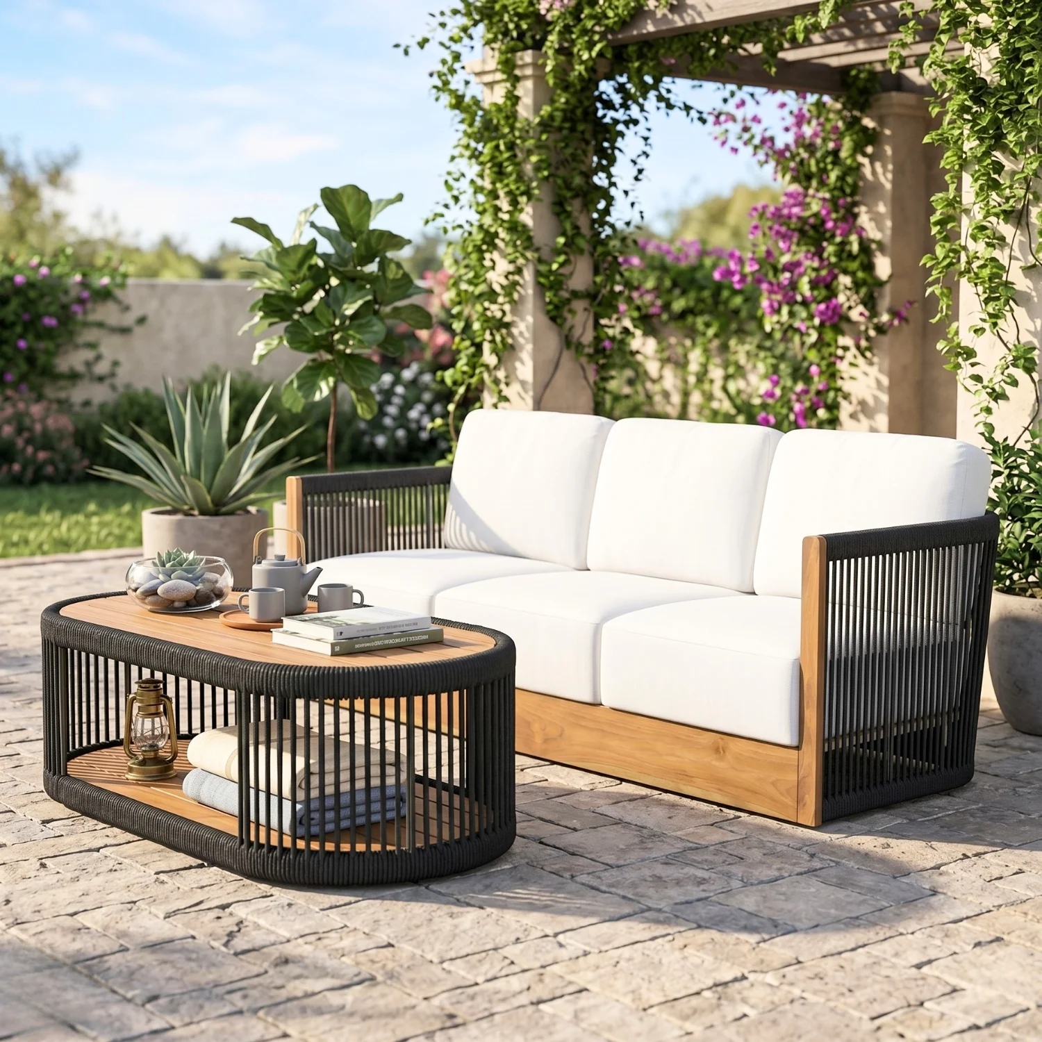 Outdoor Sheesham Wood Rope 3 Seater Sofa Set with 2-Tier Center Table - Image 9