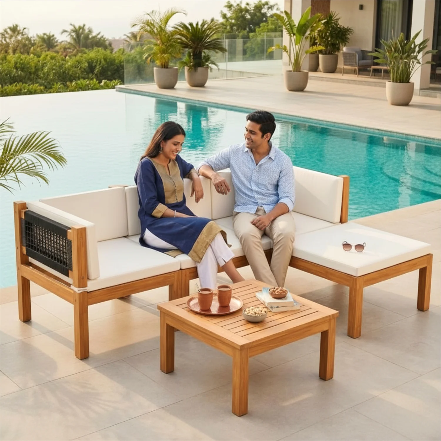 Outdoor Sheesham Wood & Rope L-Shape Sofa Set (Black & White) - Image 11