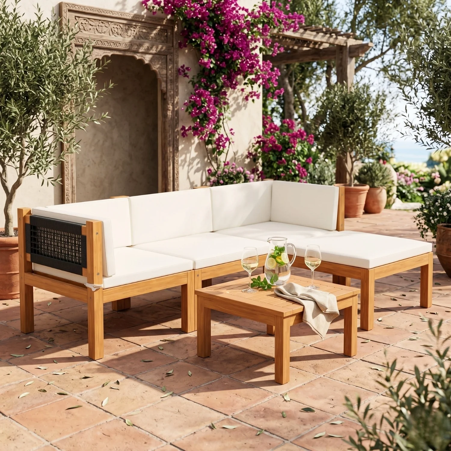 Outdoor Sheesham Wood & Rope L-Shape Sofa Set (Black & White) - Image 12