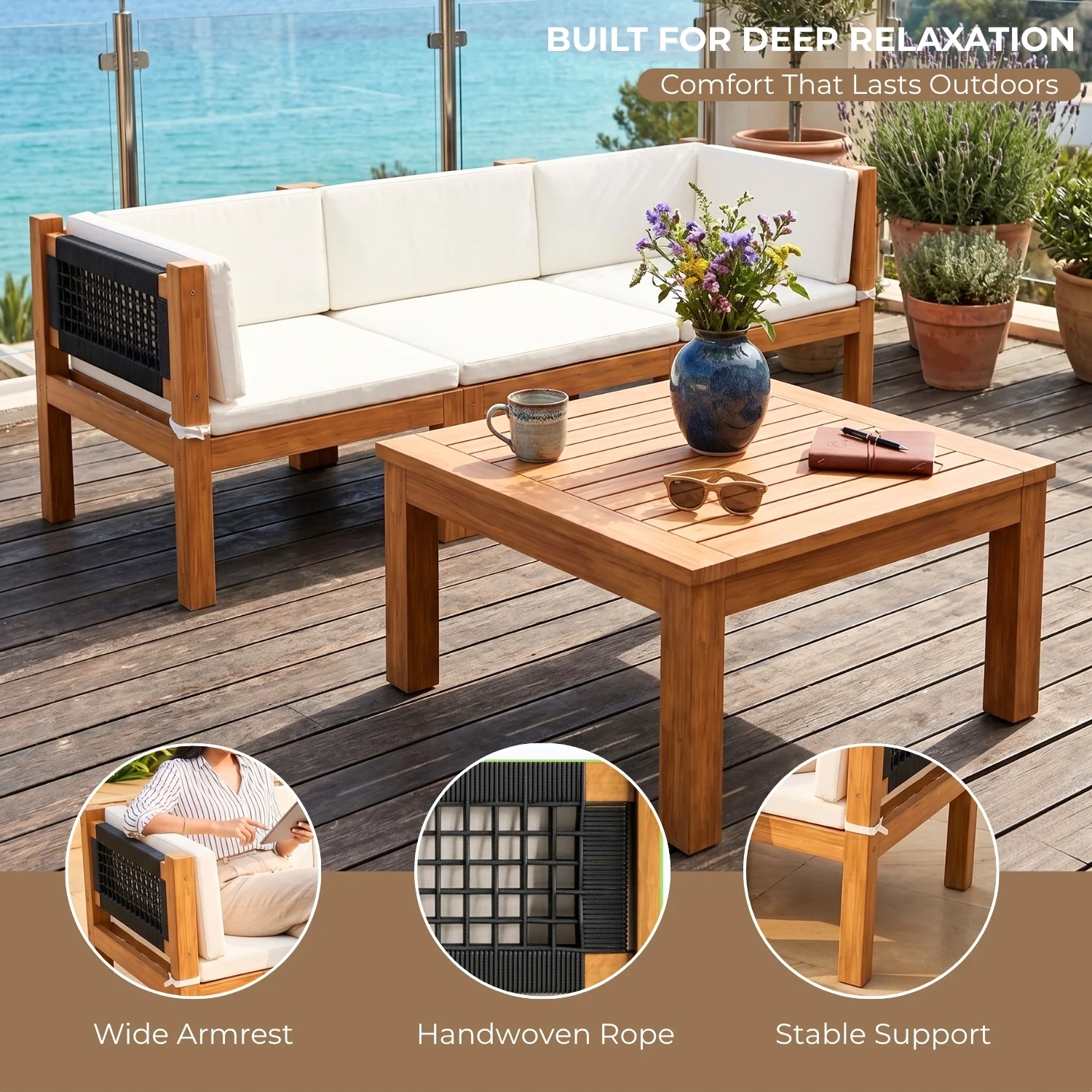 Outdoor Sheesham Wood & Rope L-Shape Sofa Set (Black & White) - Image 3