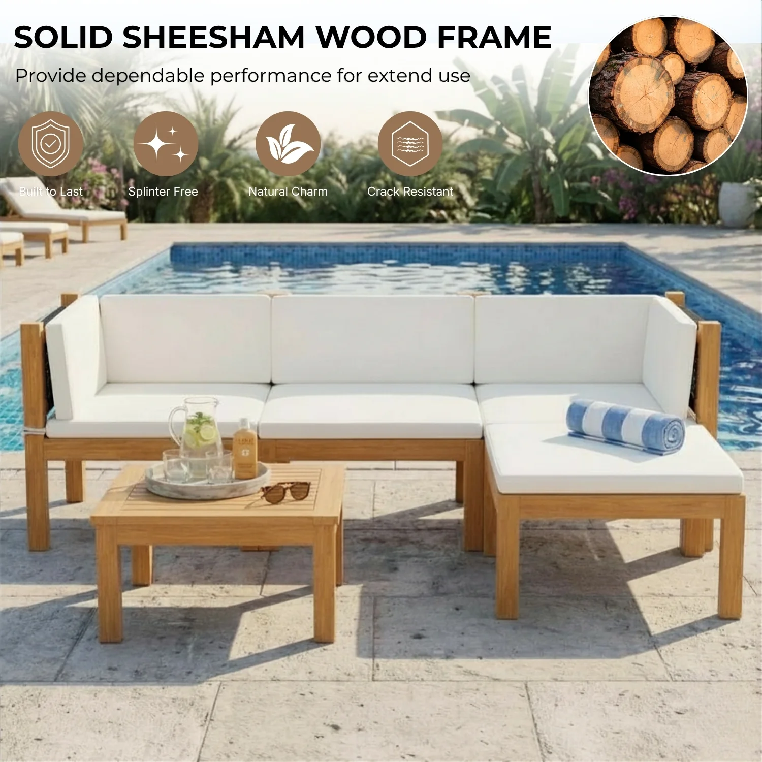 Outdoor Sheesham Wood & Rope L-Shape Sofa Set (Black & White) - Image 7