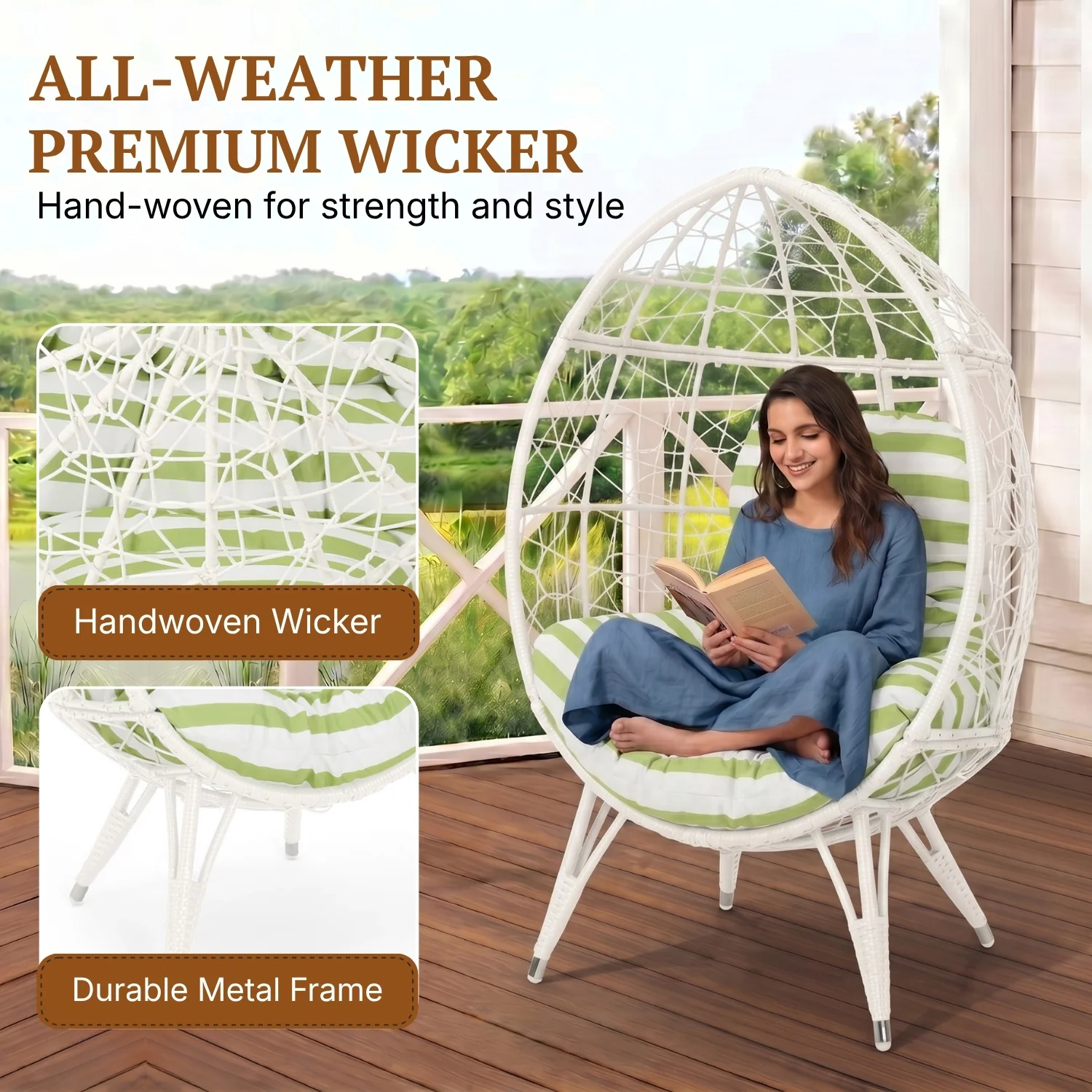 Outdoor White Rattan Lounge Accent Egg Chair - Image 3