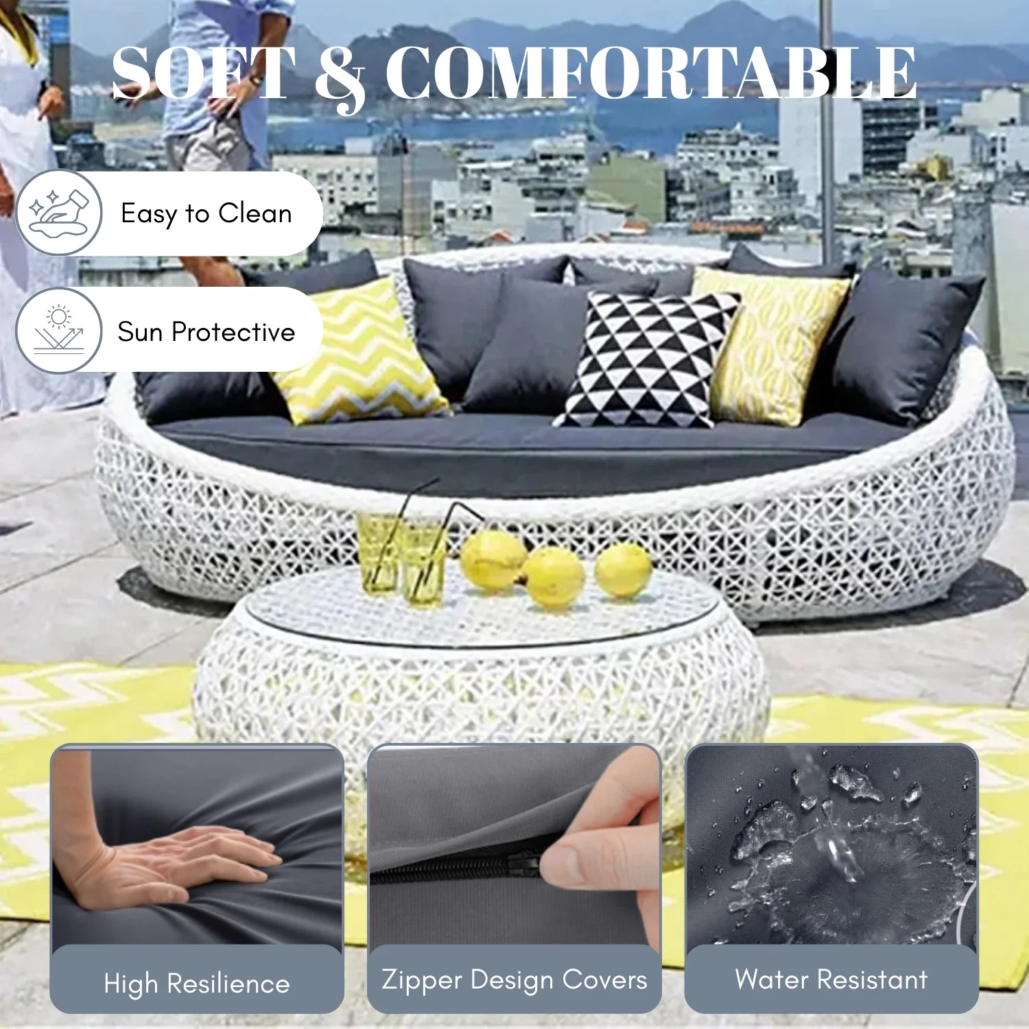 Outdoor White Rattan Wicker Daybed with Glass Top Table - Image 6