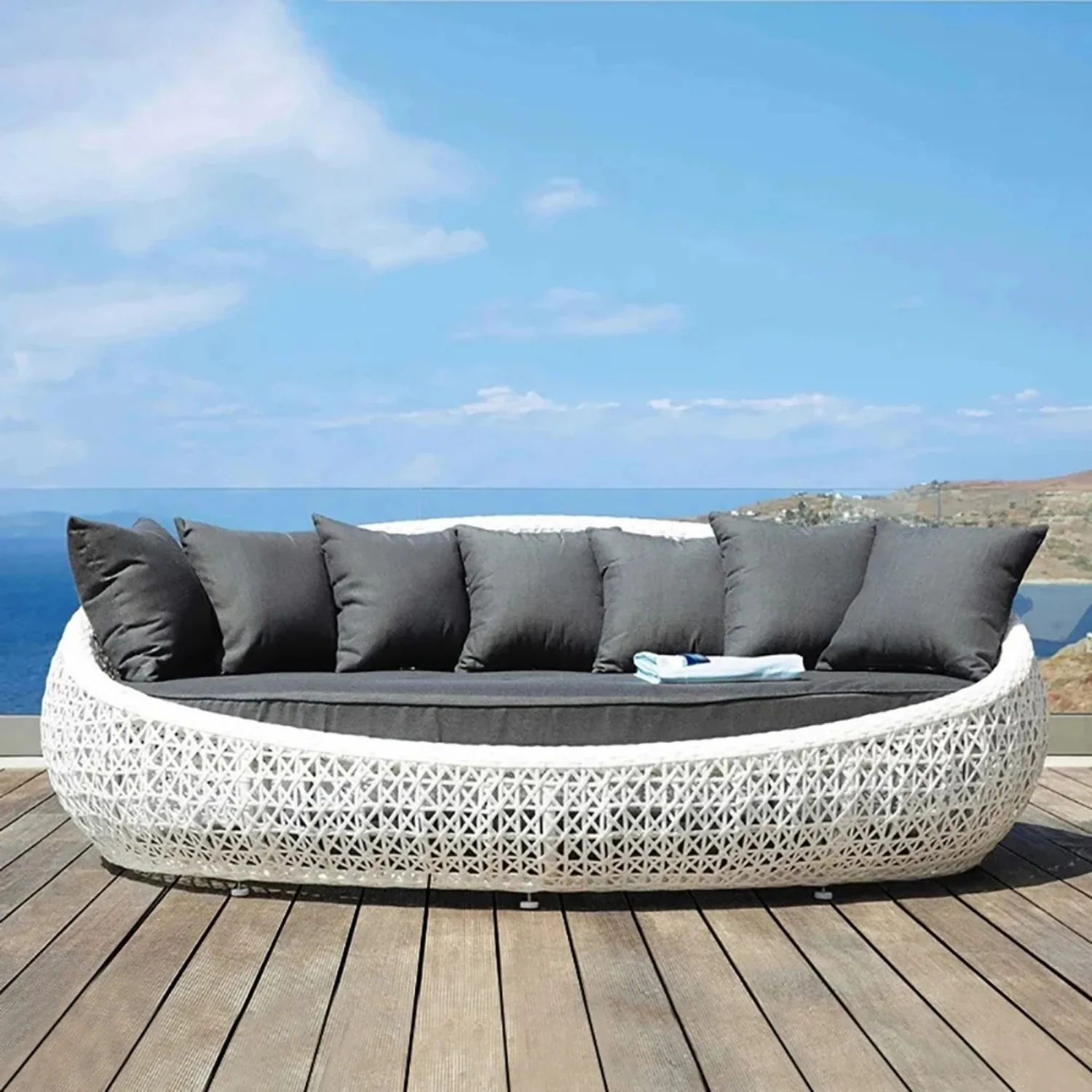 Outdoor White Rattan Wicker Daybed with Glass Top Table - Image 8