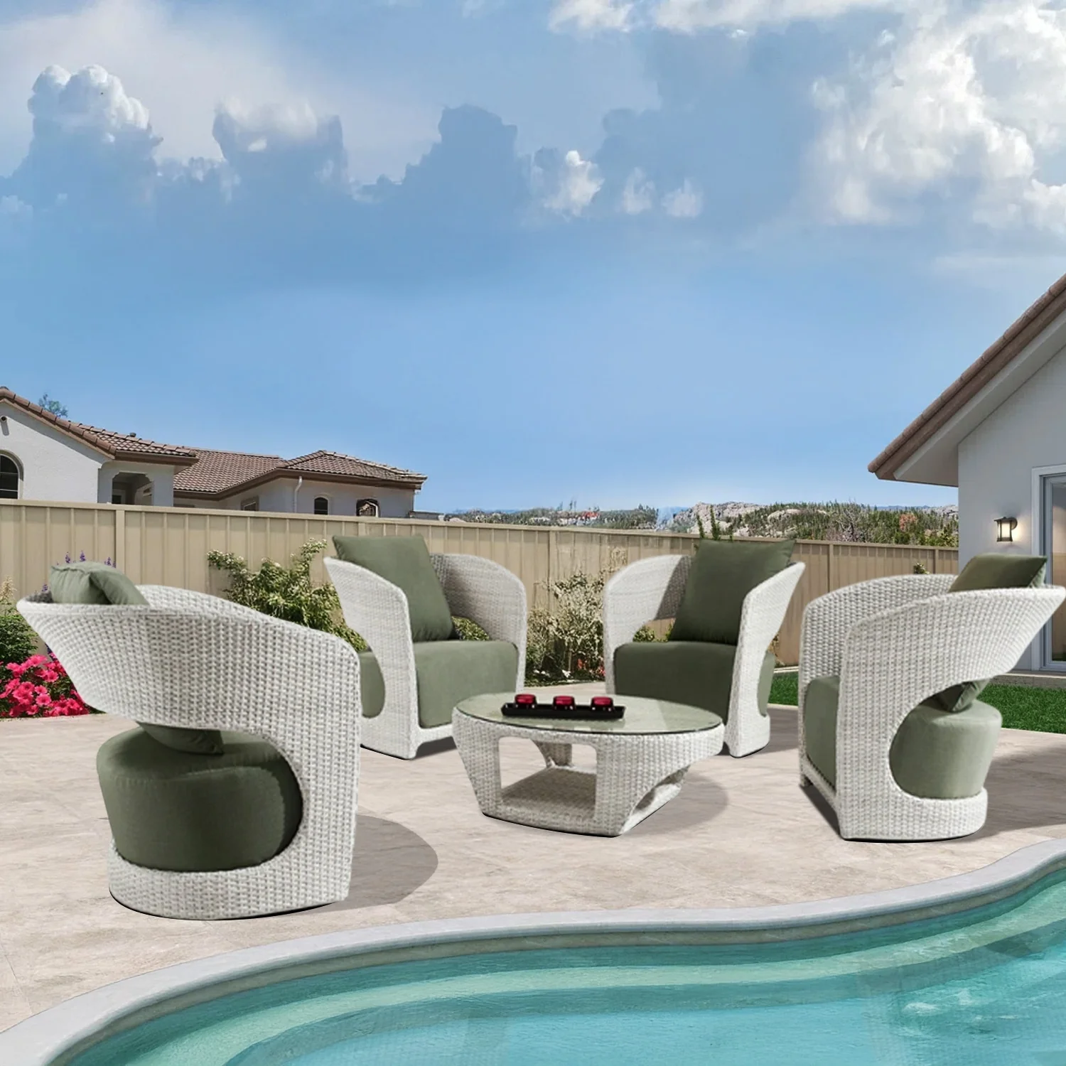 Outdoor White Rattan Wicker Sofa Chairs With Glass Top Table