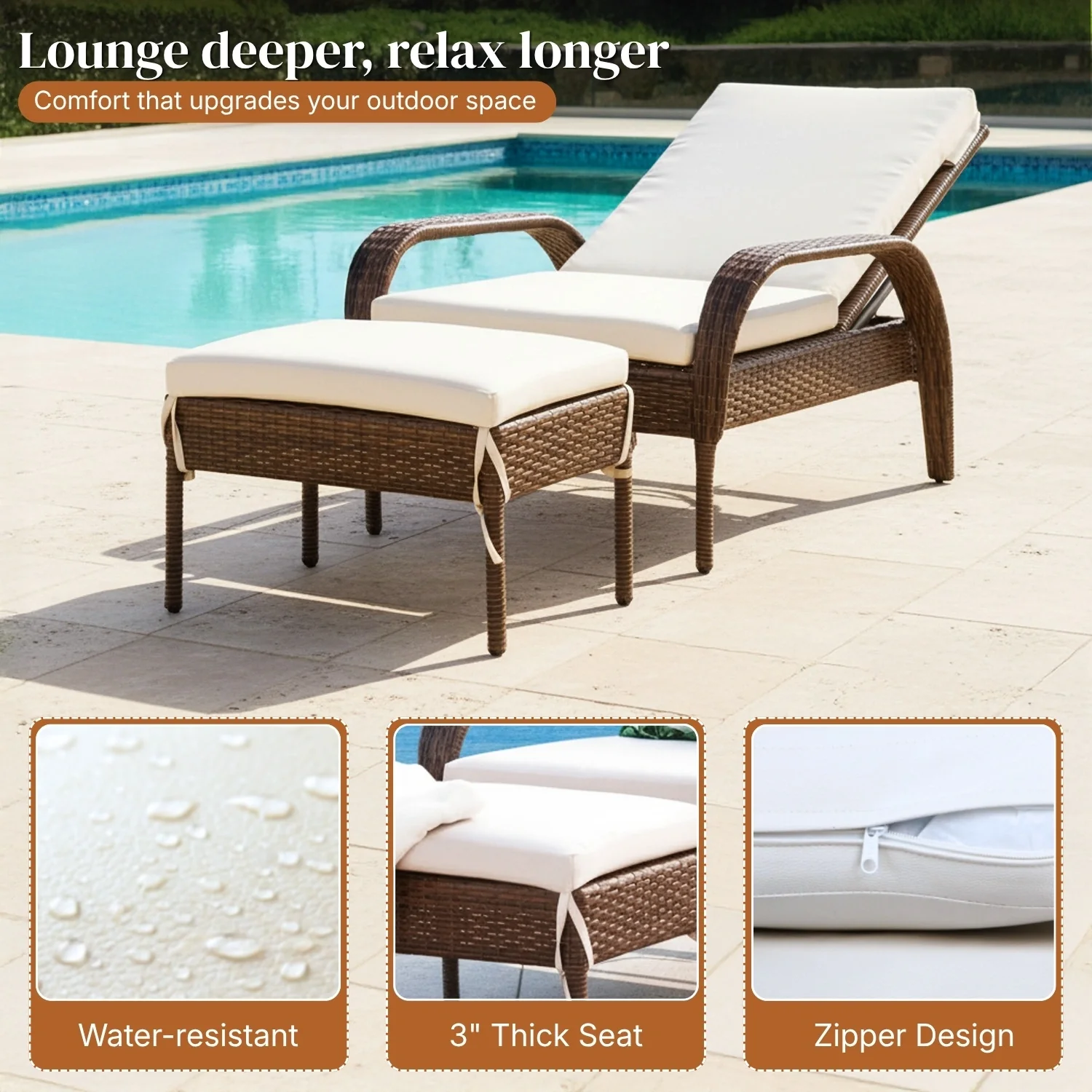 Outdoor Wicker 2 Piece Patio Armchair Recliner with Ottoman - Image 3
