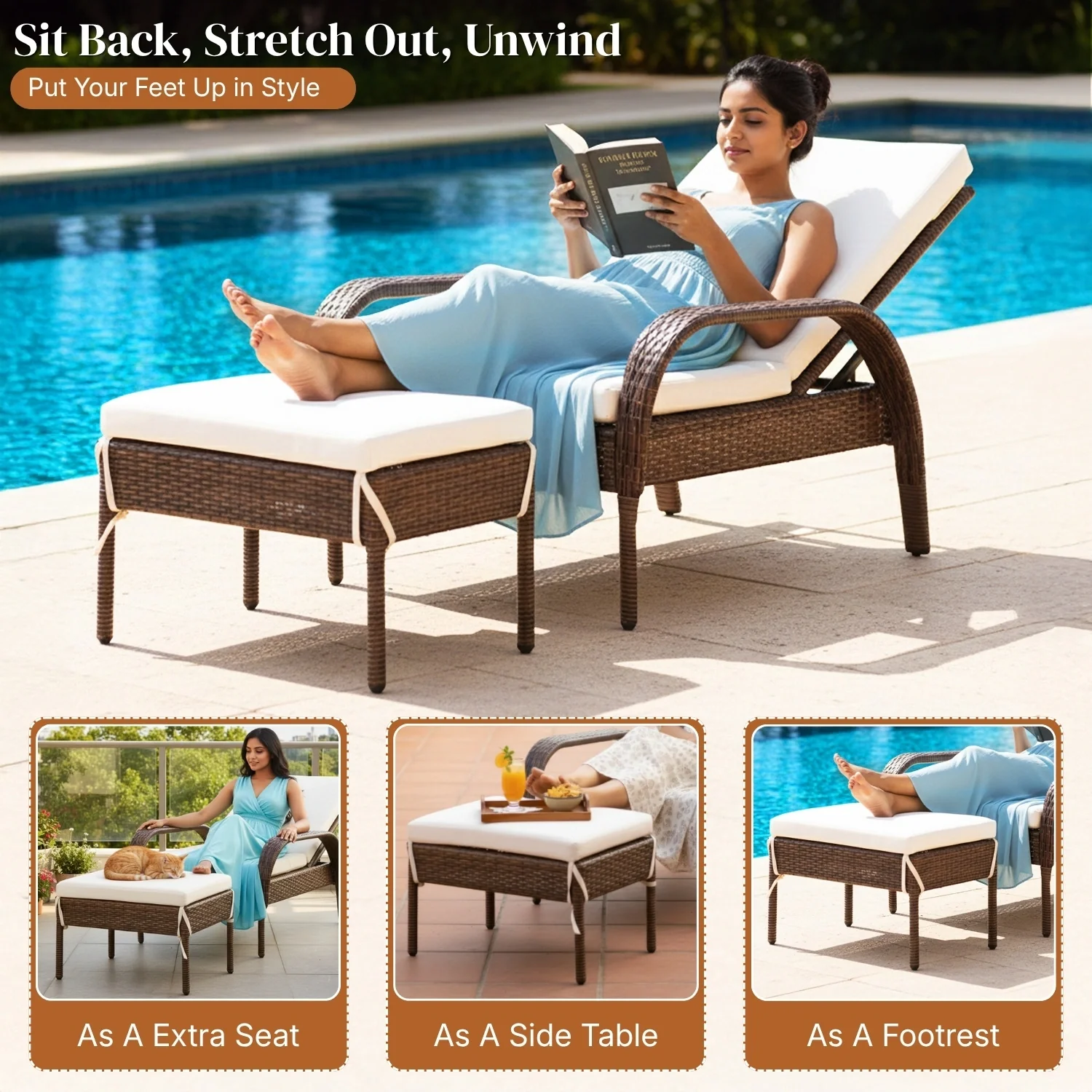 Outdoor Wicker 2 Piece Patio Armchair Recliner with Ottoman - Image 6
