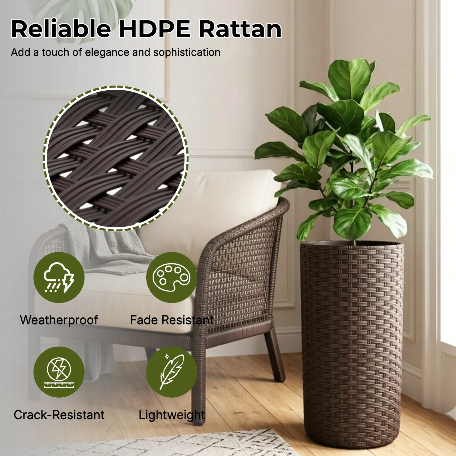Outdoor Wicker 2-Piece Tall Round Planter Set (Dark Brown & White) - Image 3