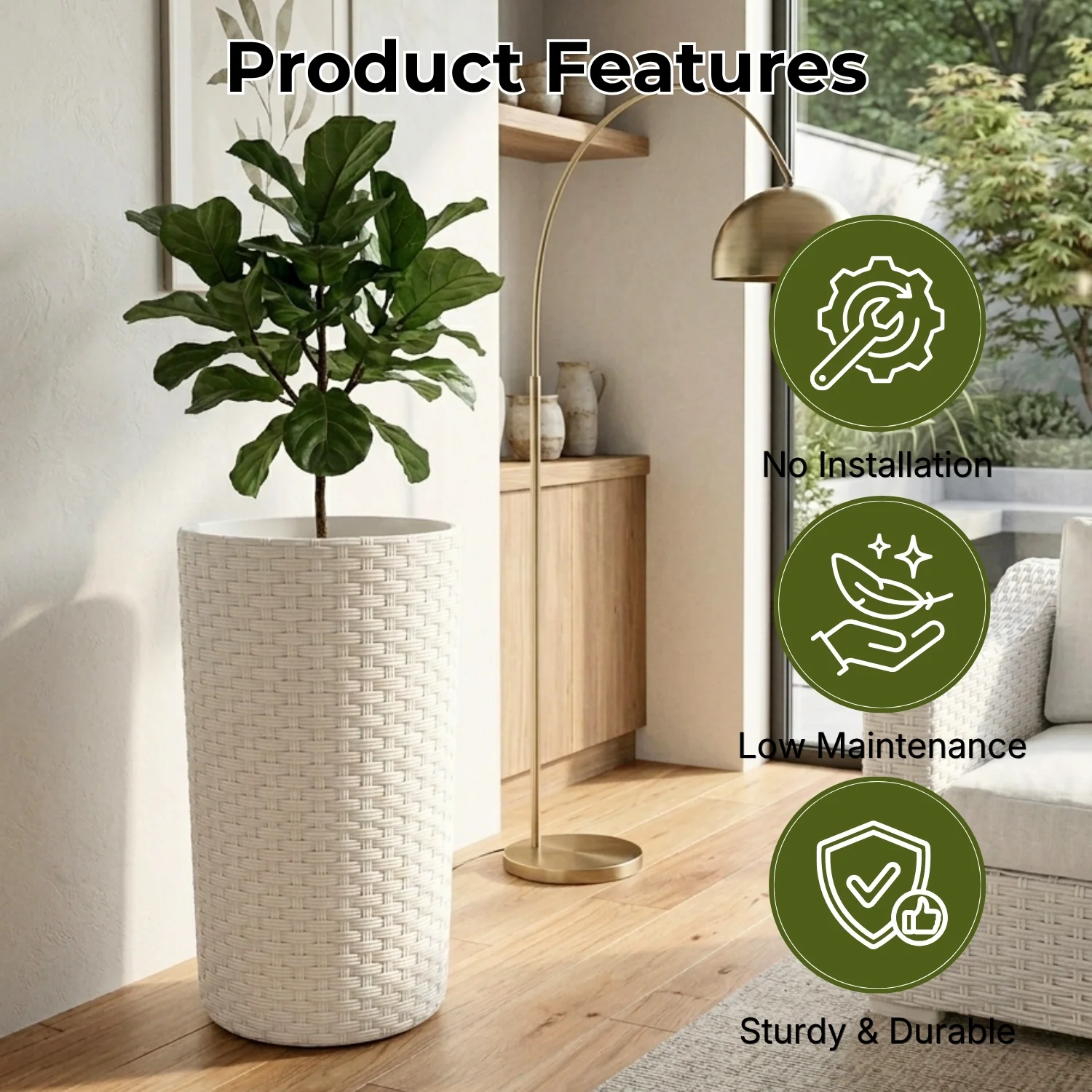 Outdoor Wicker 2-Piece Tall Round Planter Set (Dark Brown & White) - Image 4