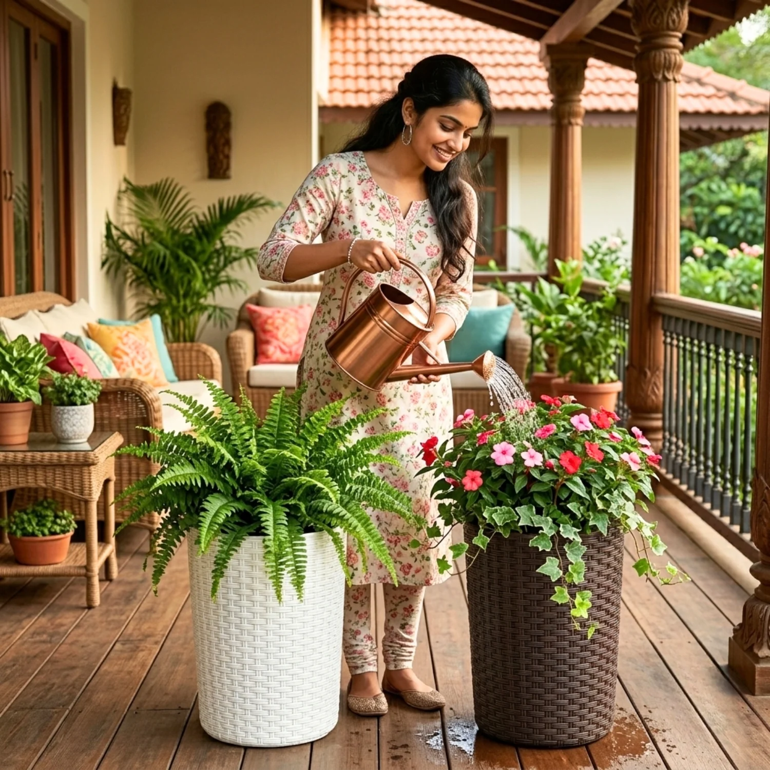 Outdoor Wicker 2-Piece Tall Round Planter Set (Dark Brown & White) - Image 5