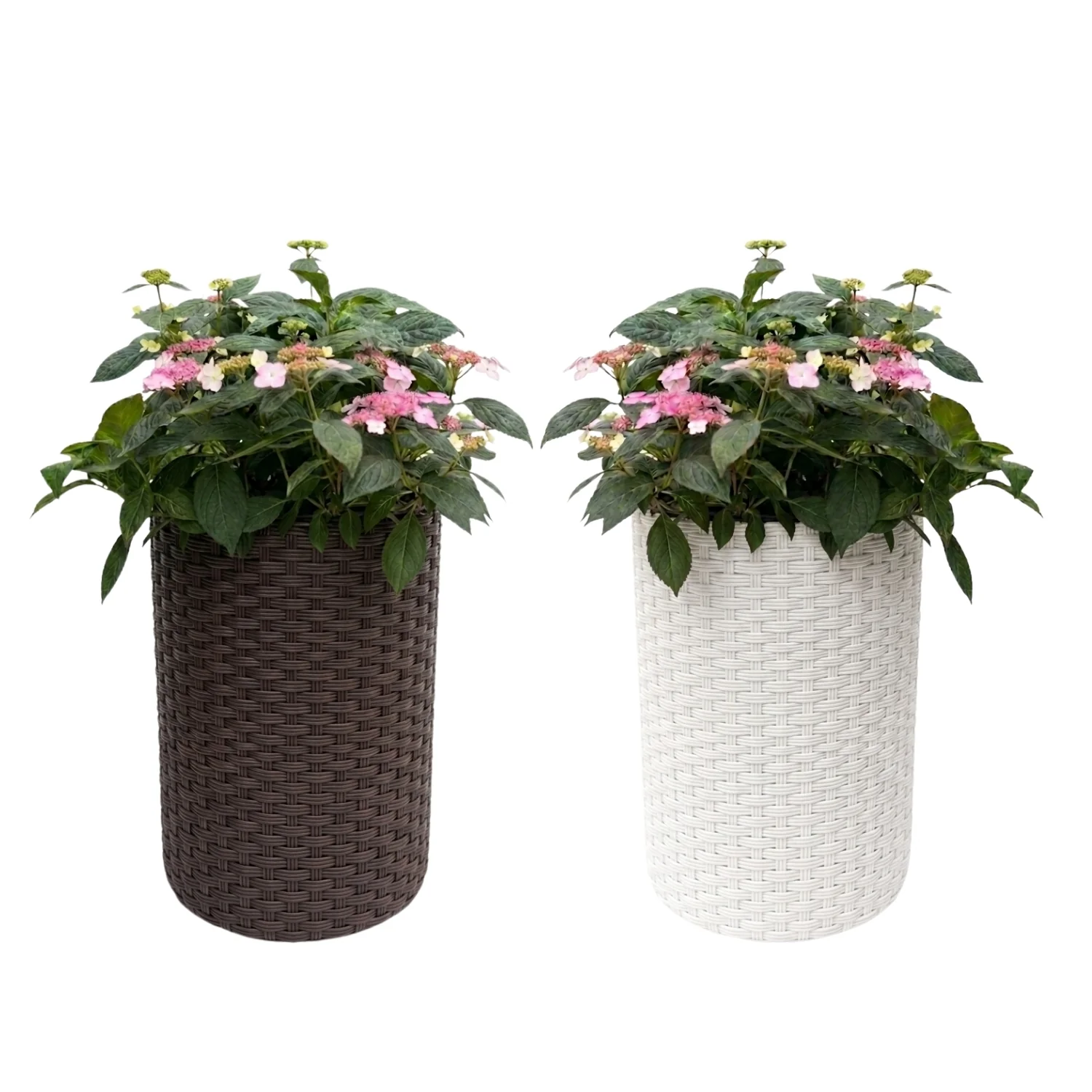 Outdoor Wicker 2-Piece Tall Round Planter Set (Dark Brown & White) - Image 6