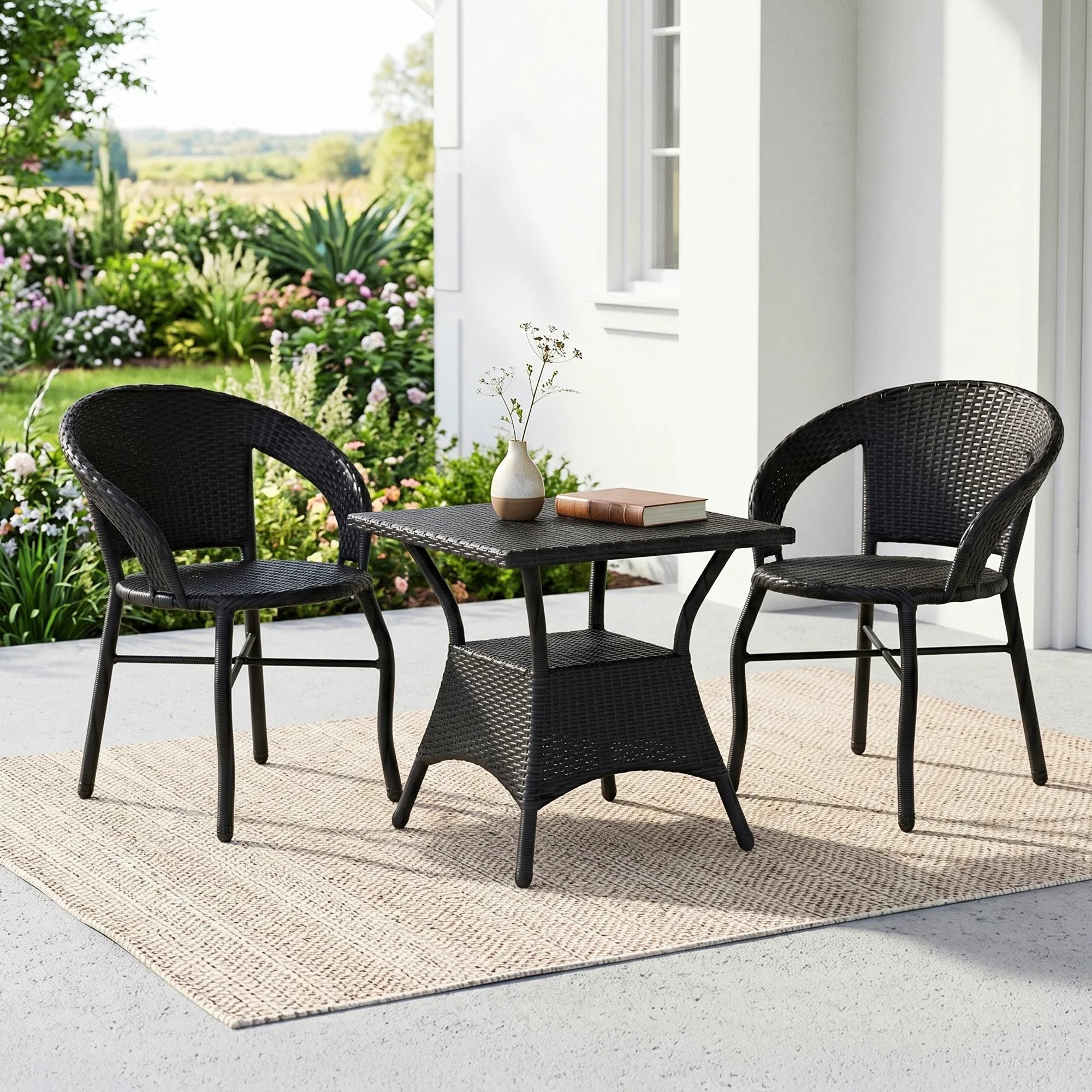 Outdoor Wicker 3 Piece Patio Bistro Set (Black) - Image 7