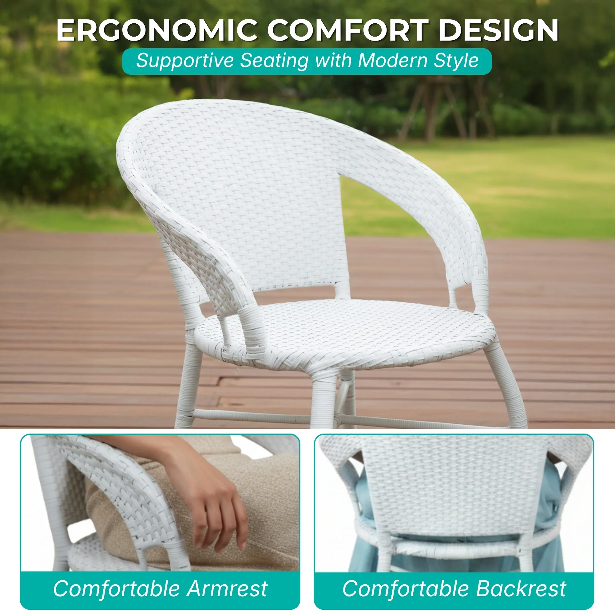 Outdoor Wicker 3 Piece Patio Bistro Set (White) - Image 5