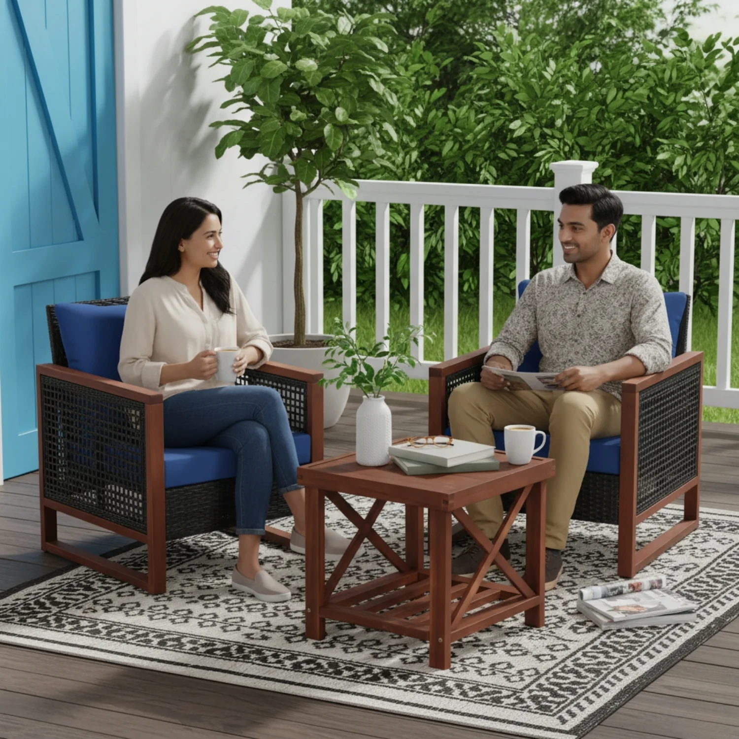 Outdoor Wicker 3-Piece Patio Furniture Set with Solid Wooden Frames (Dark Brown & Blue) - Image 11