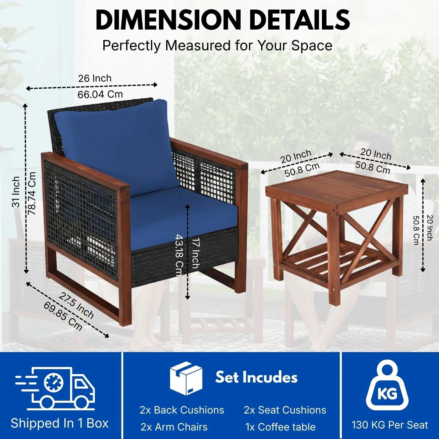 Outdoor Wicker 3-Piece Patio Furniture Set with Solid Wooden Frames (Dark Brown & Blue) - Image 2
