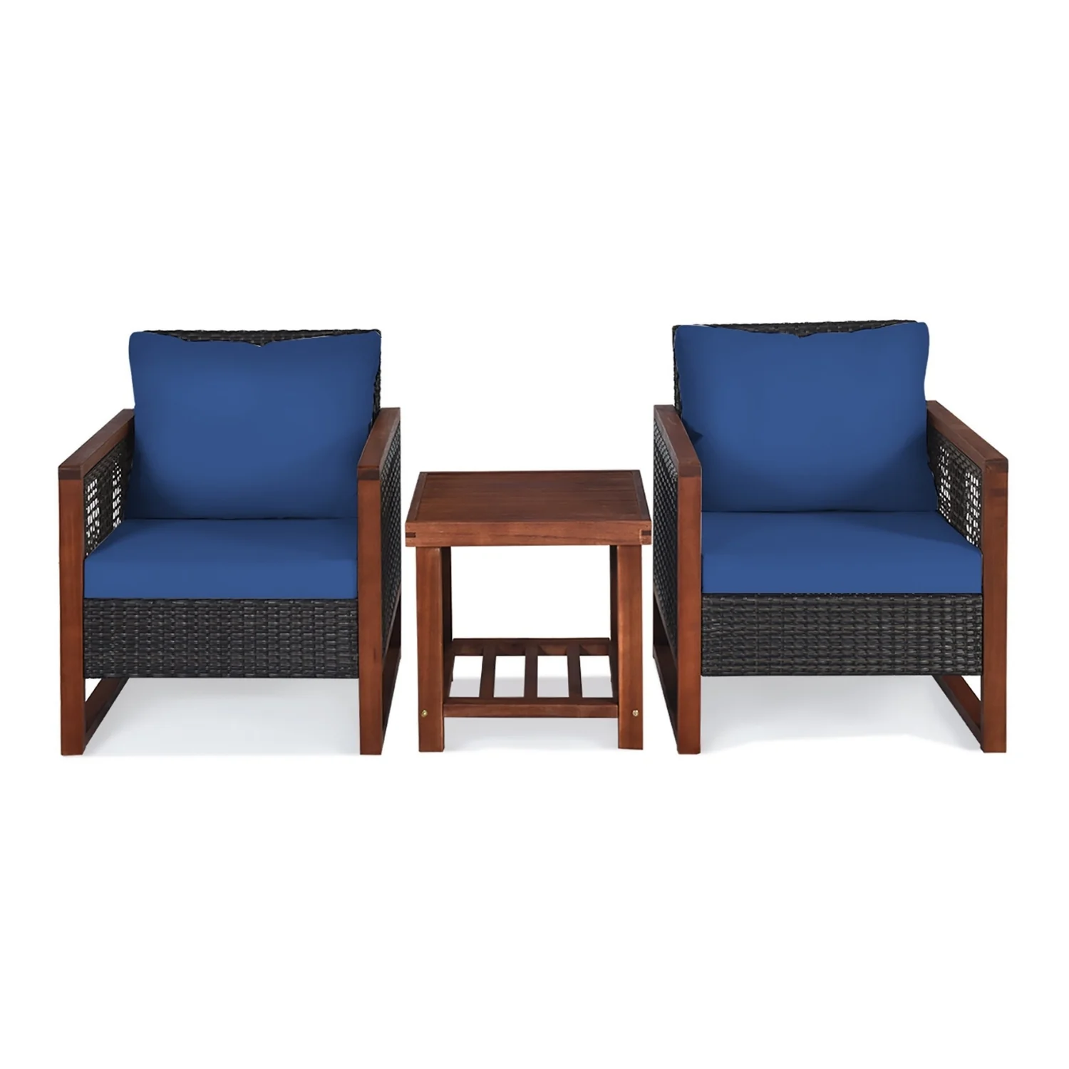Outdoor Wicker 3-Piece Patio Furniture Set with Solid Wooden Frames (Dark Brown & Blue) - Image 4