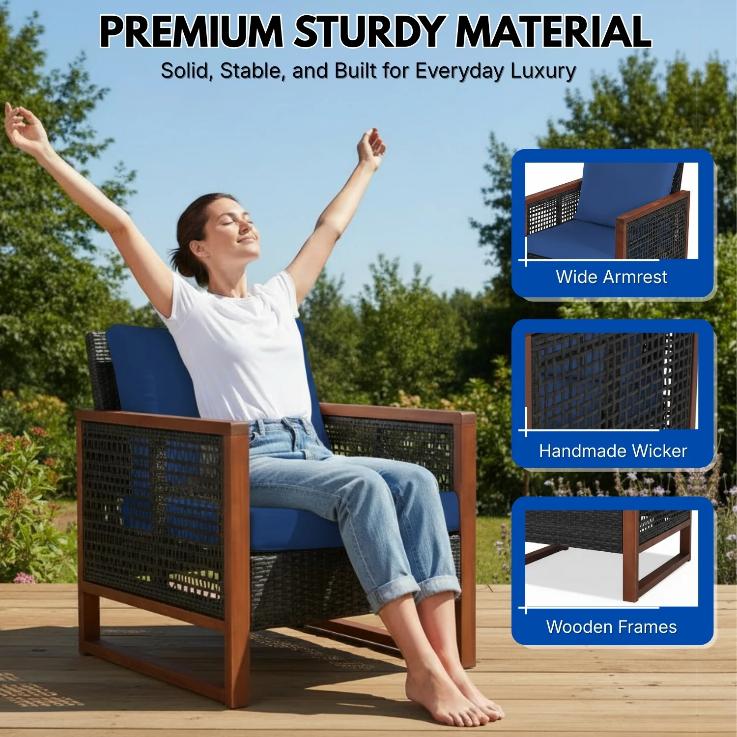 Outdoor Wicker 3-Piece Patio Furniture Set with Solid Wooden Frames (Dark Brown & Blue) - Image 5