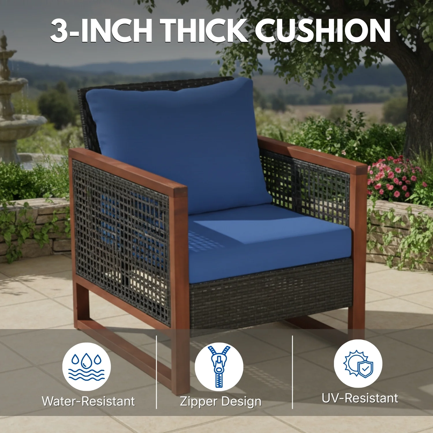 Outdoor Wicker 3-Piece Patio Furniture Set with Solid Wooden Frames (Dark Brown & Blue) - Image 6