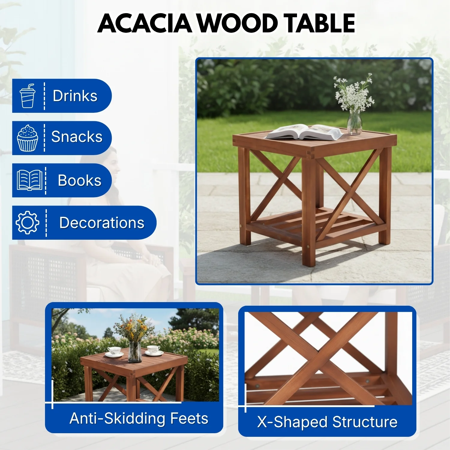 Outdoor Wicker 3-Piece Patio Furniture Set with Solid Wooden Frames (Dark Brown & Blue) - Image 7