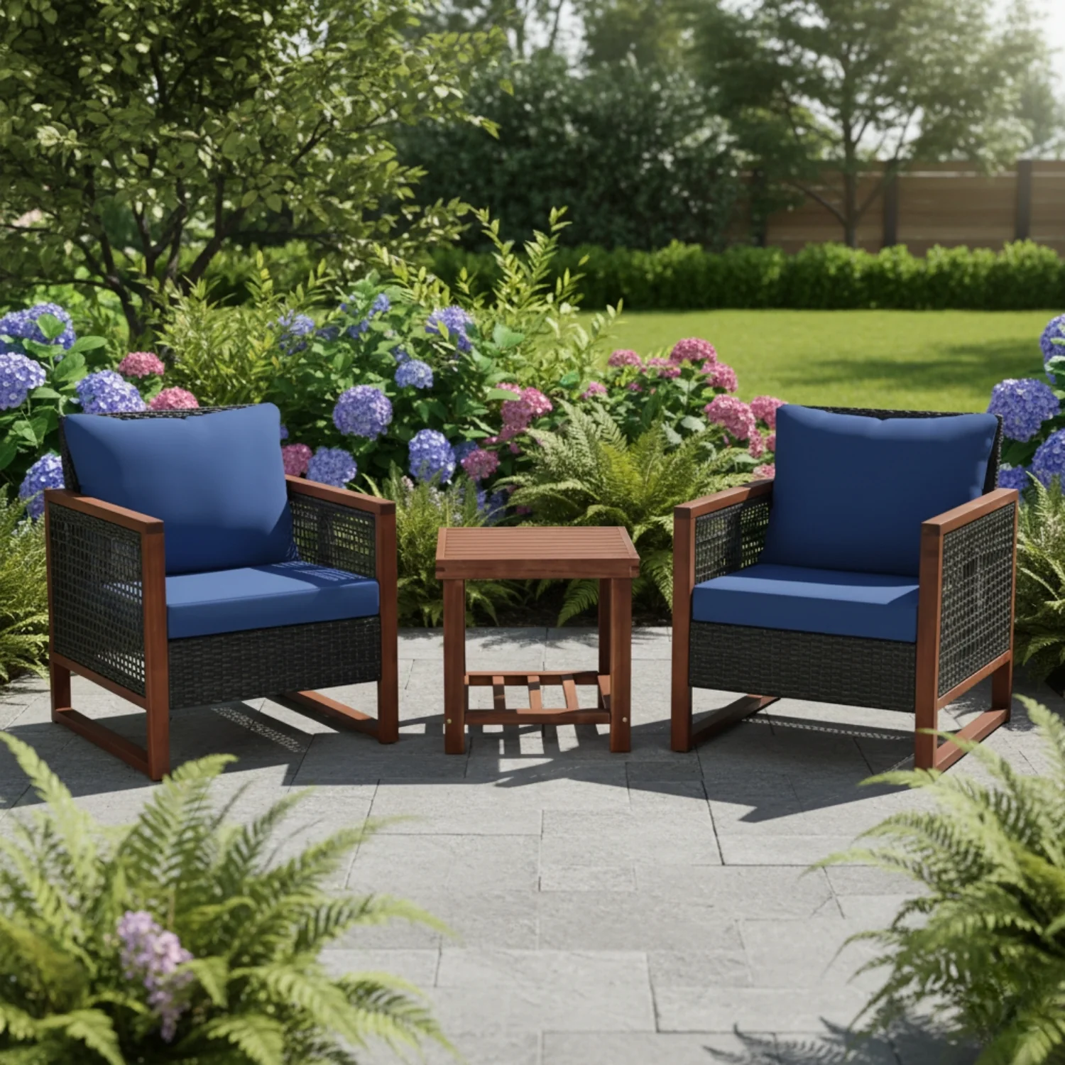 Outdoor Wicker 3-Piece Patio Furniture Set with Solid Wooden Frames (Dark Brown & Blue) - Image 9