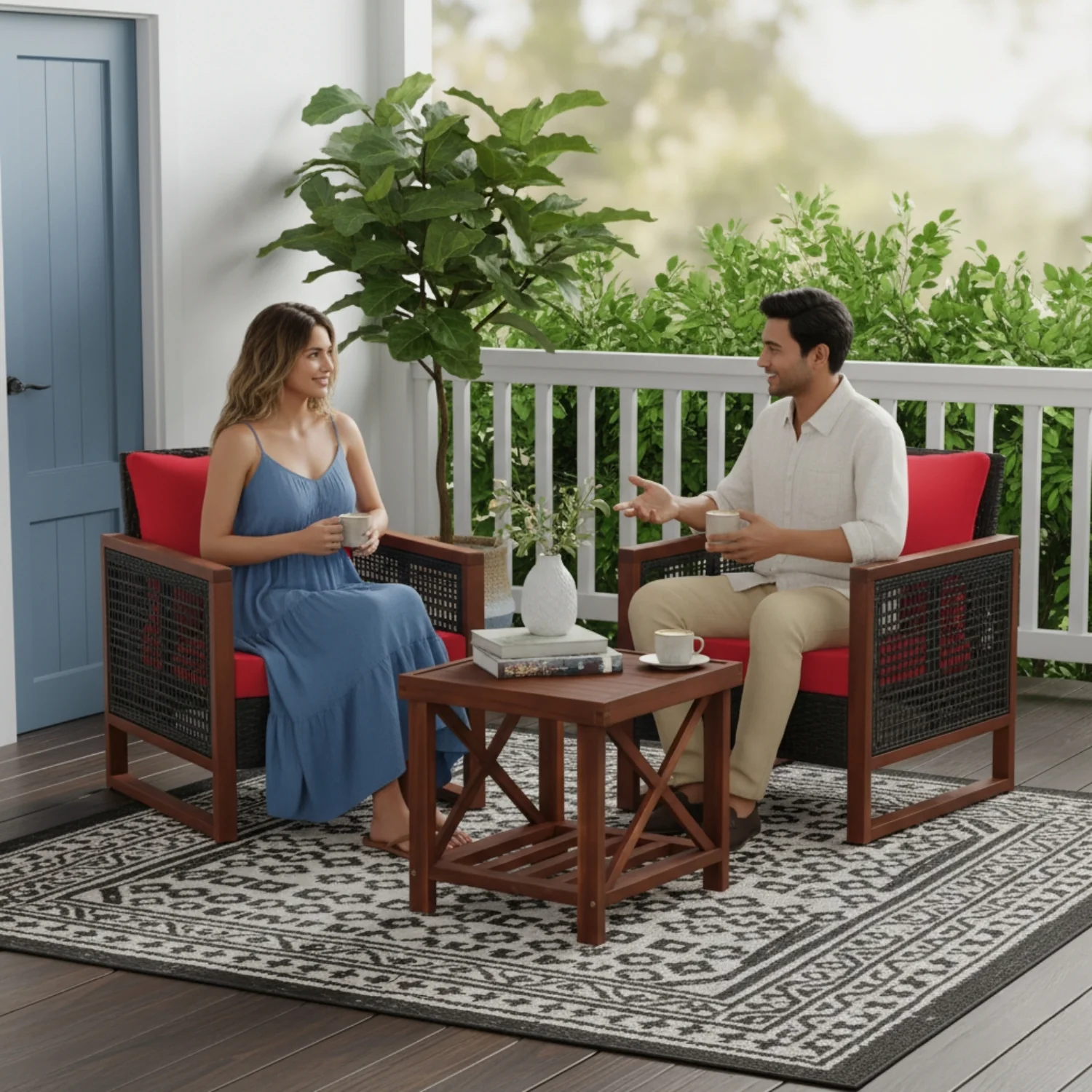 Outdoor Wicker 3-Piece Patio Furniture Set with Solid Wooden Frames (Dark Brown & Red) - Image 11