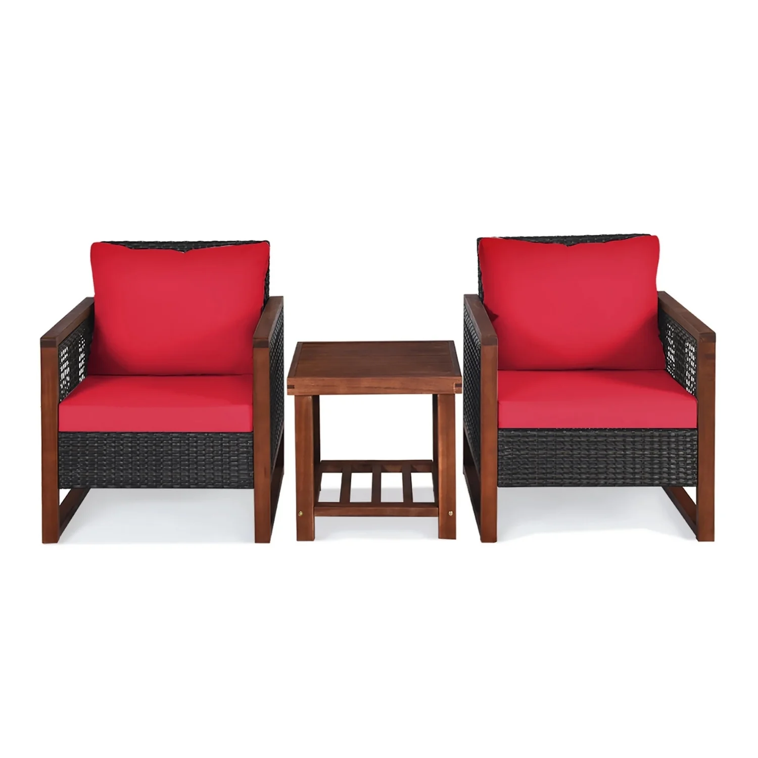 Outdoor Wicker 3-Piece Patio Furniture Set with Solid Wooden Frames (Dark Brown & Red) - Image 4