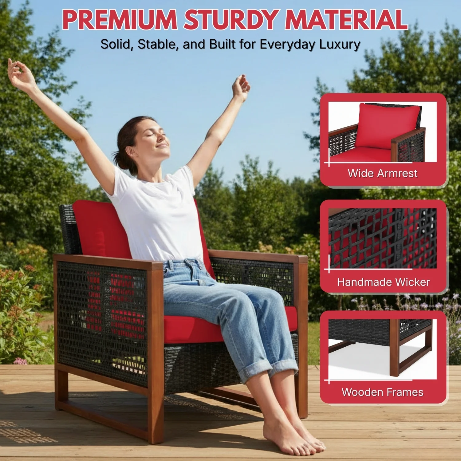 Outdoor Wicker 3-Piece Patio Furniture Set with Solid Wooden Frames (Dark Brown & Red) - Image 5