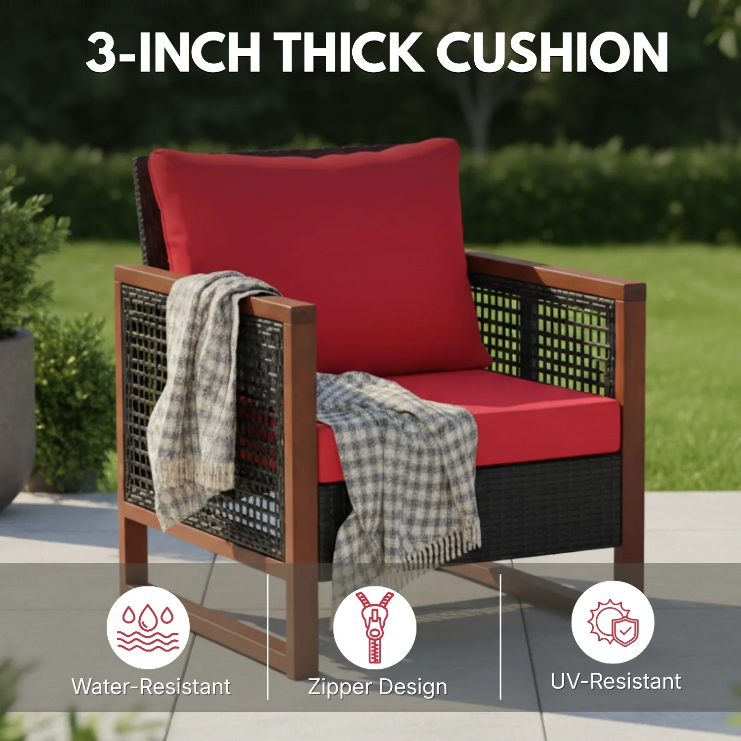 Outdoor Wicker 3-Piece Patio Furniture Set with Solid Wooden Frames (Dark Brown & Red) - Image 6