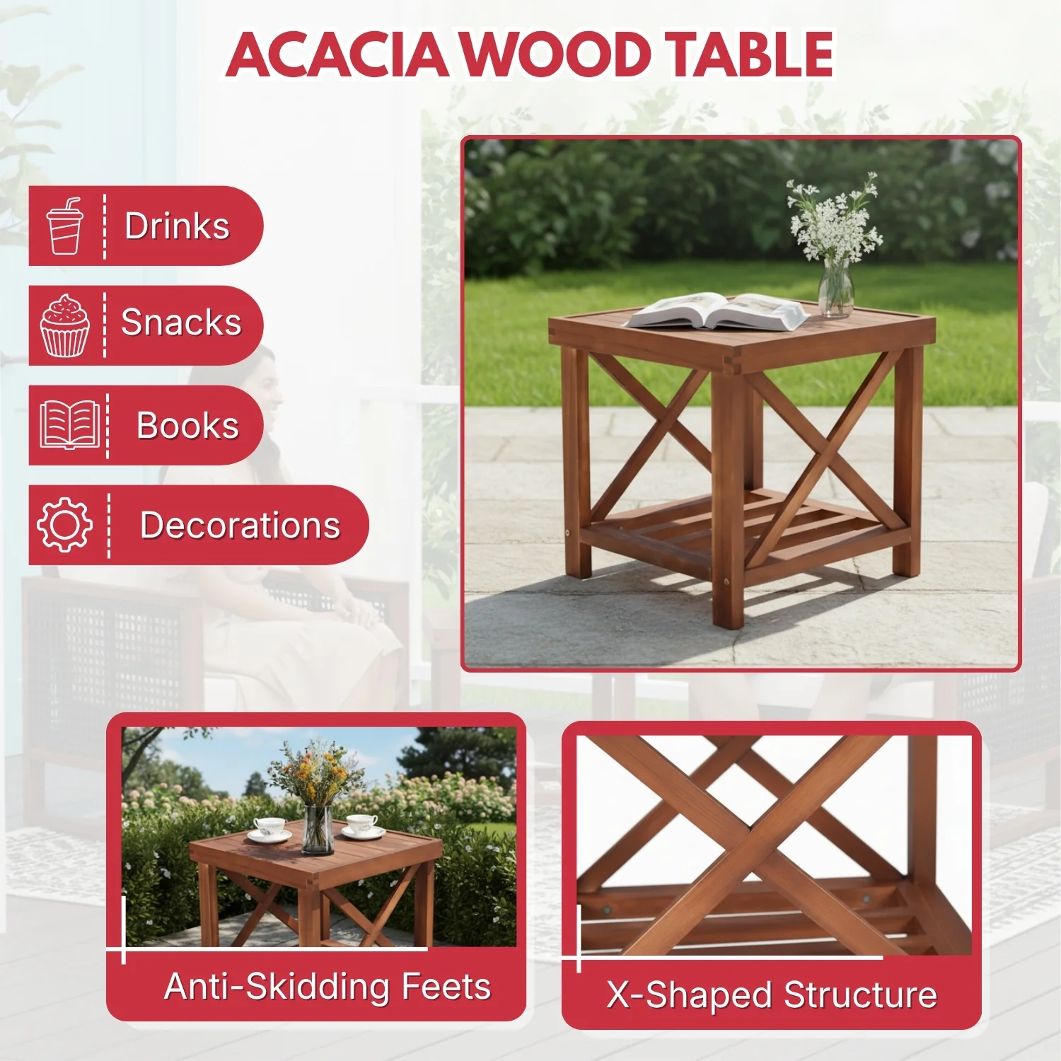 Outdoor Wicker 3-Piece Patio Furniture Set with Solid Wooden Frames (Dark Brown & Red) - Image 7