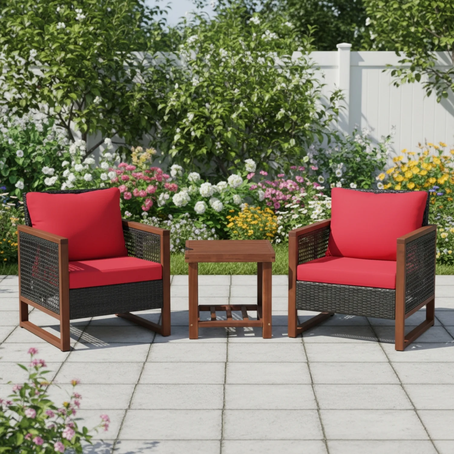 Outdoor Wicker 3-Piece Patio Furniture Set with Solid Wooden Frames (Dark Brown & Red) - Image 9