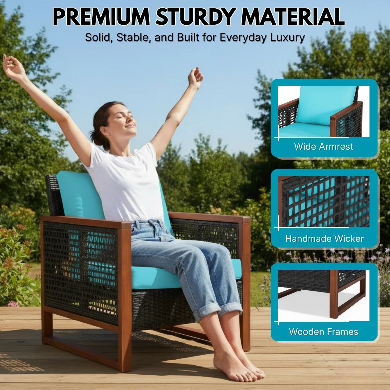 Outdoor Wicker 3-Piece Patio Furniture Set with Solid Wooden Frames (Dark Brown & Sky-Blue) - Image 5