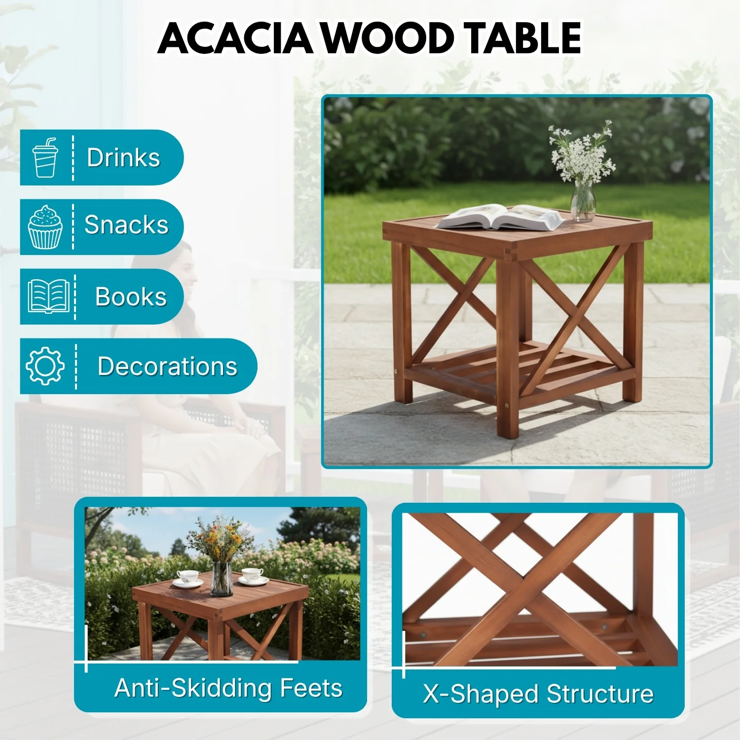 Outdoor Wicker 3-Piece Patio Furniture Set with Solid Wooden Frames (Dark Brown & Sky-Blue) - Image 7