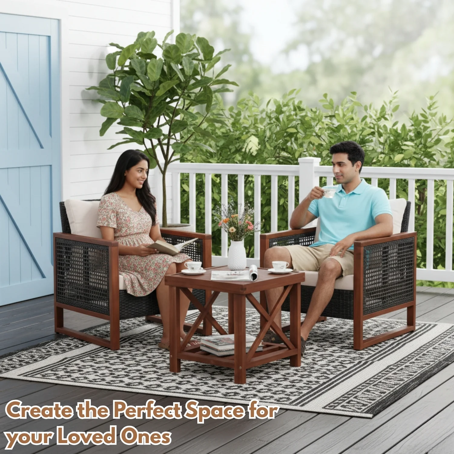 Outdoor Wicker 3-Piece Patio Furniture Set with Solid Wooden Frames (Dark Brown & White) - Image 11